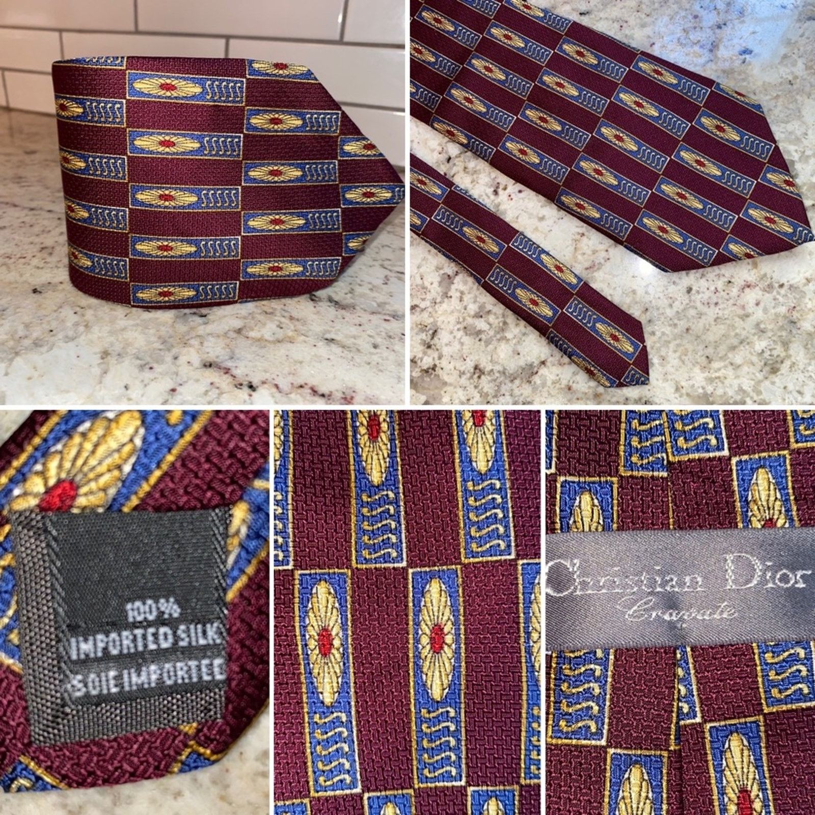 Dior Christian Dior Vintage 100% Silk Art Deco Print Tie Burgundy Size ONE SIZE - 1 Thumbnail
