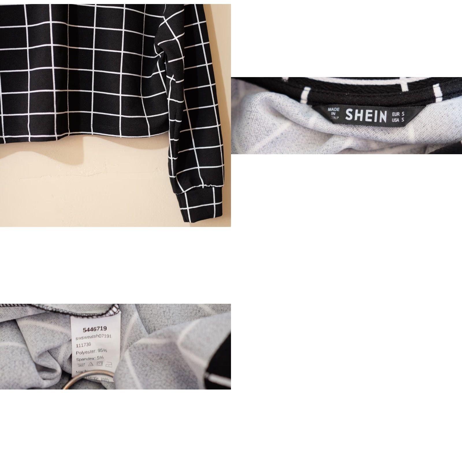 Shein SHEIN Crew Neck Stretch Plaid Long Sleeve Crop Top Black/White Women's S Shirt Size S / US 4 / IT 40 - 8 Thumbnail