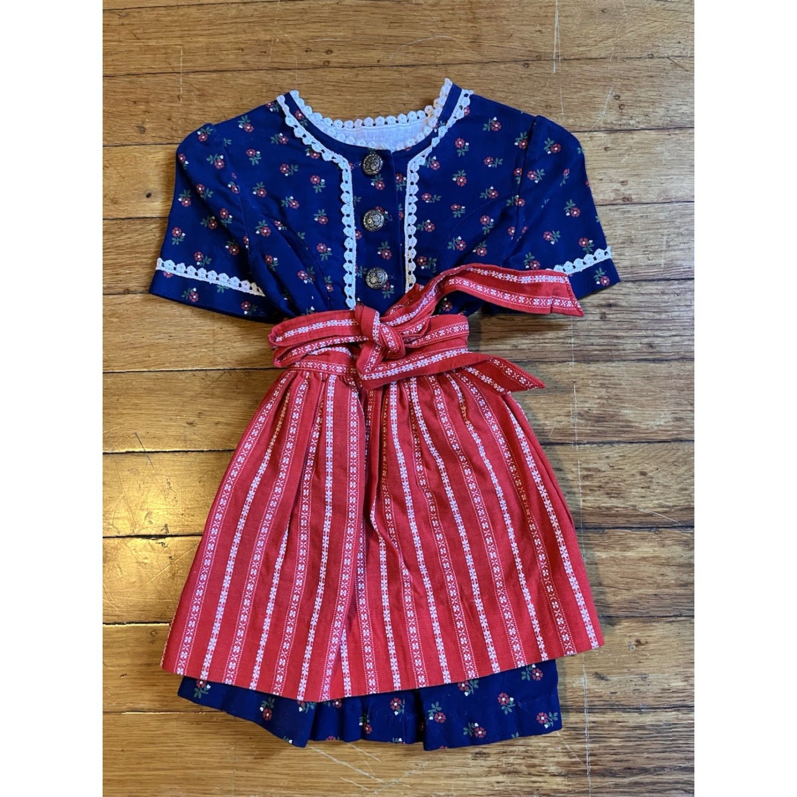 Vintage VINTAGE Sportalm Kitzbühel Floral Dress & Apron Girl’s 104/4 Blue Red Lace Trim Boho 1970s Girls Size ONE SIZE - 4 Thumbnail