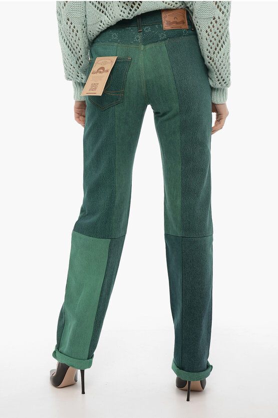 Marine Serre og1mm0724 Patchwork Effect Regular Jeans in Green Size 27" / US 4 / IT 40 - 2 Thumbnail