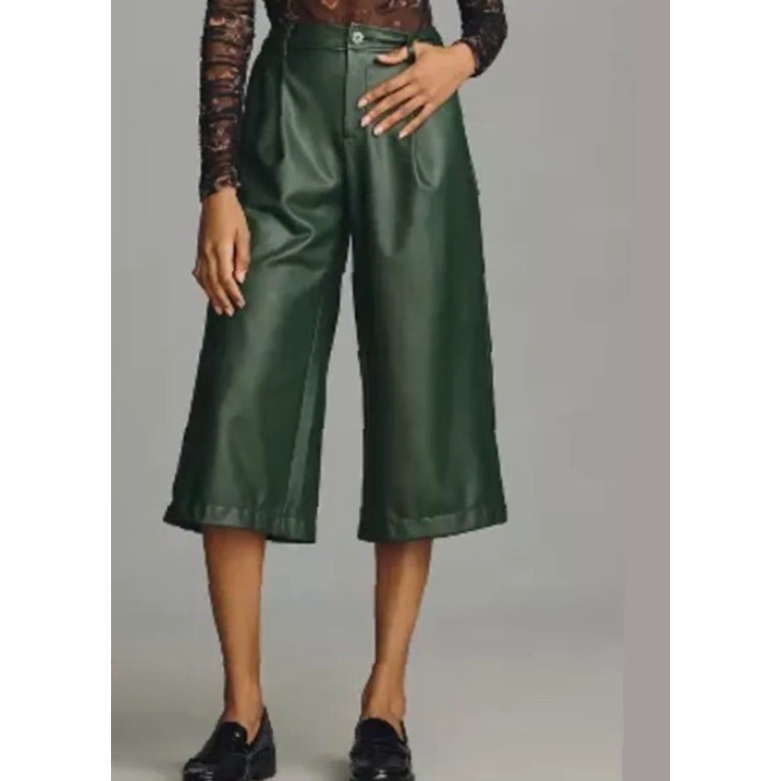Anthropologie Anthropologie Faux Leather Culottes Pants Women Green Size 4 Regular Inseam 21" Waist 28" Flat Front Pockets Zip NWT Size 27" / US 4 / IT 40 - 2 Thumbnail