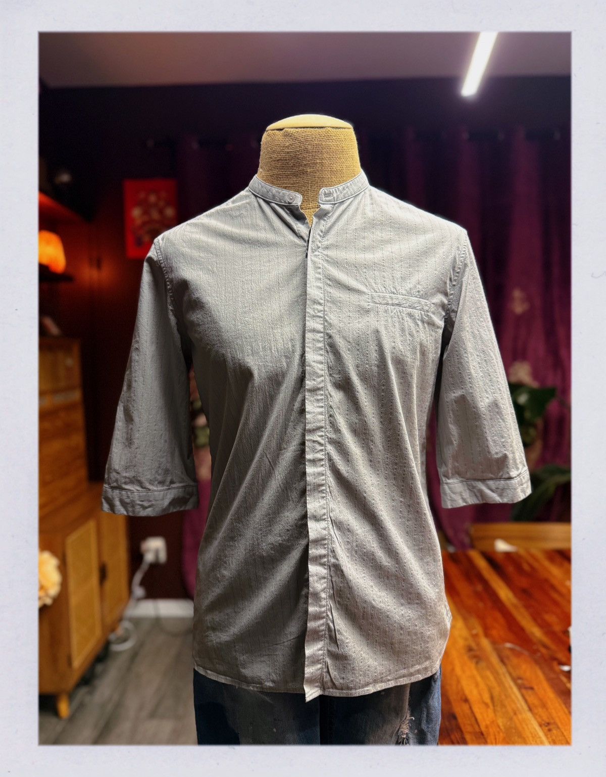 Other Minimalist Stand Collar Shirt – Light Grey Textured Cotton Size US S / EU 44-46 / 1 - 8 Thumbnail