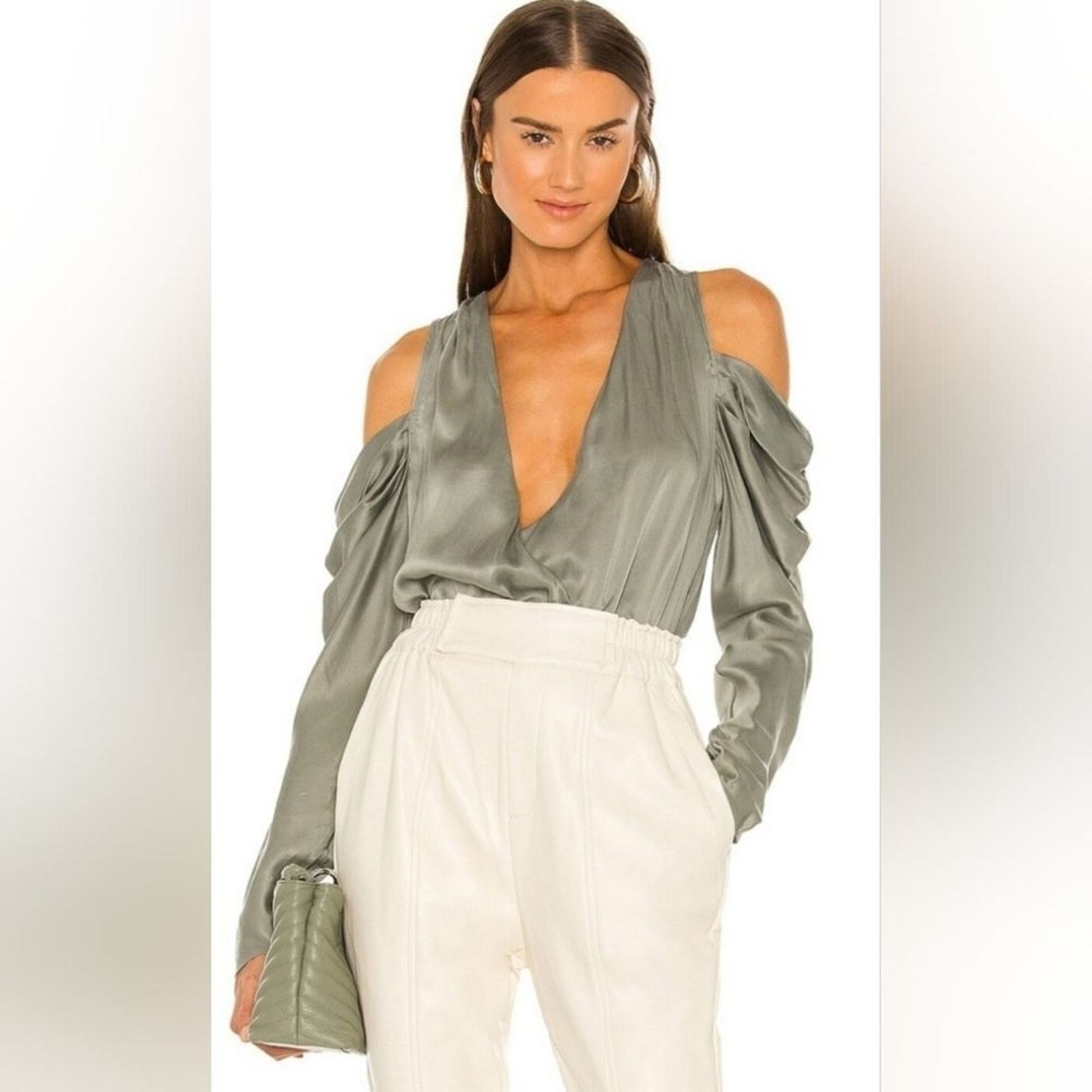 Jonathan Simkhai Jonathan Simkhai Sage Green Remington Silk V-Neck Blouse S Size S / US 4 / IT 40 - 1 Thumbnail