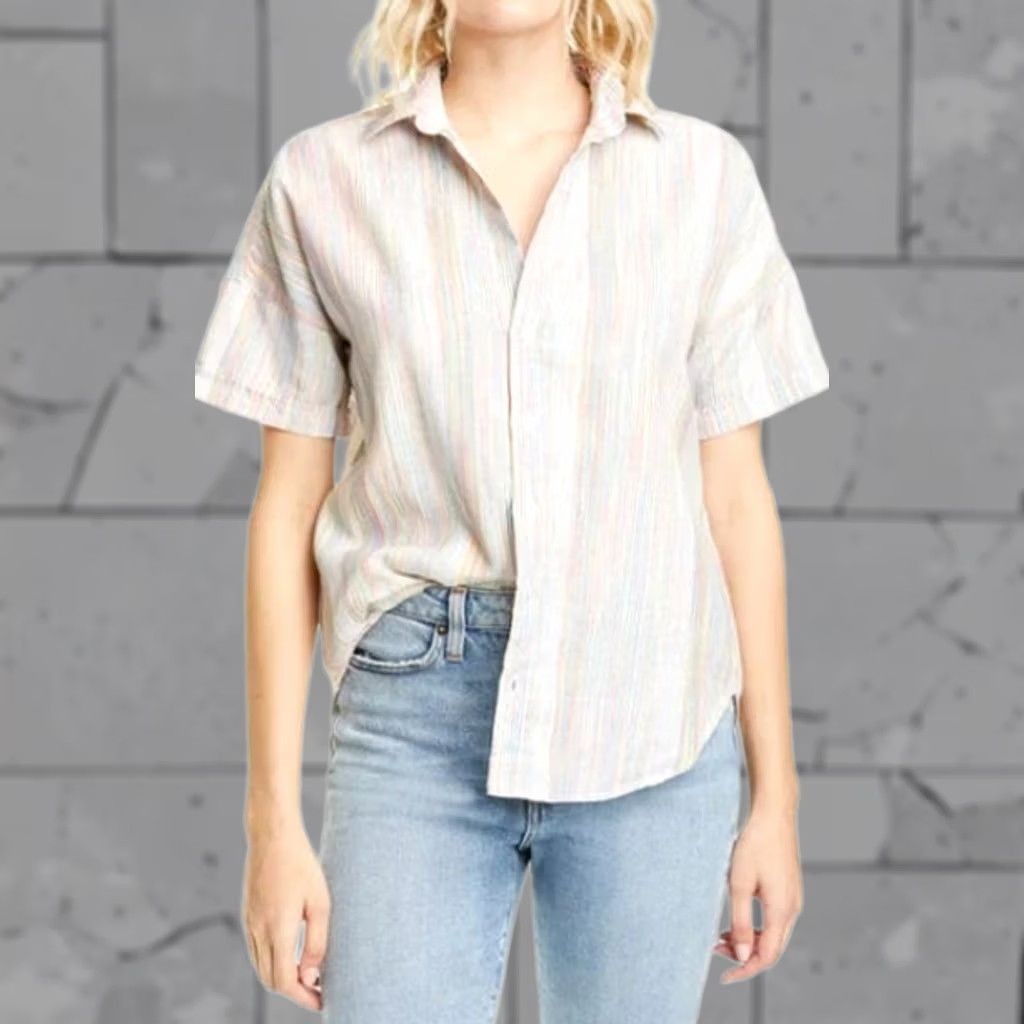 Frank & Eileen Frank & Eileen Shirt XS White Striped Linen Cotton Short Sleeve Button-Up Womens XS White Striped Linen Cotton Shirt Size XS / US 0-2 / IT 36-38 - 1 Thumbnail