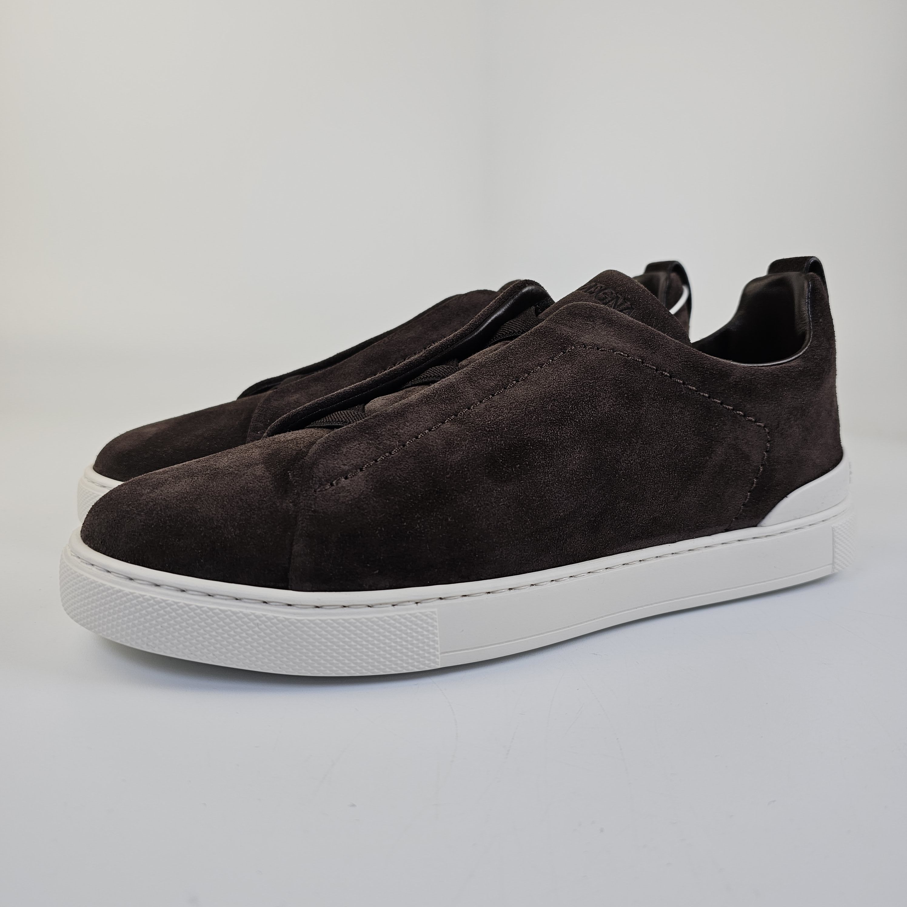 Zegna Triple Stitch Brown Suede Low Top Sneakers New