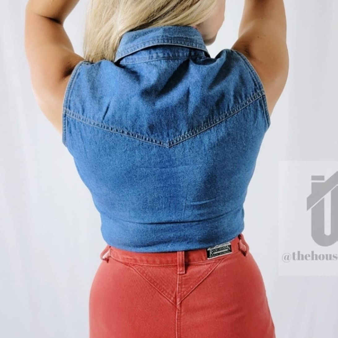 NEW 70's Wrangler Denim Pearl Snap Crop Tie Front Vest
