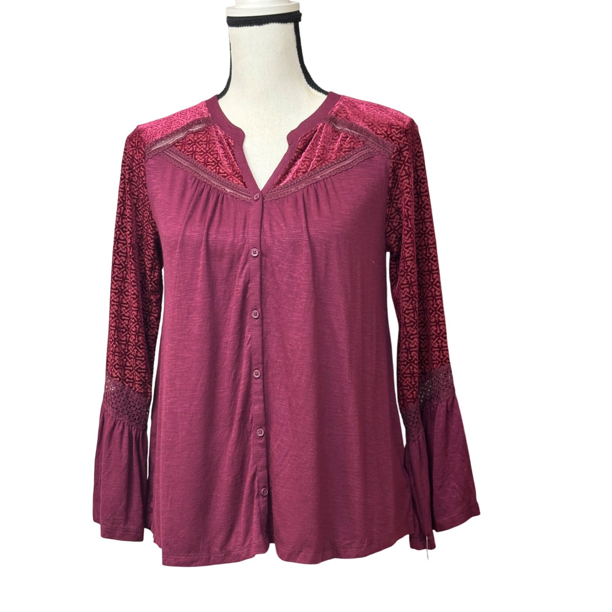 Style & Co Style & Co Petite Velvet-Trim Blouse, Scarlet Wine, Sz. PM Size ONE SIZE - 1 Thumbnail