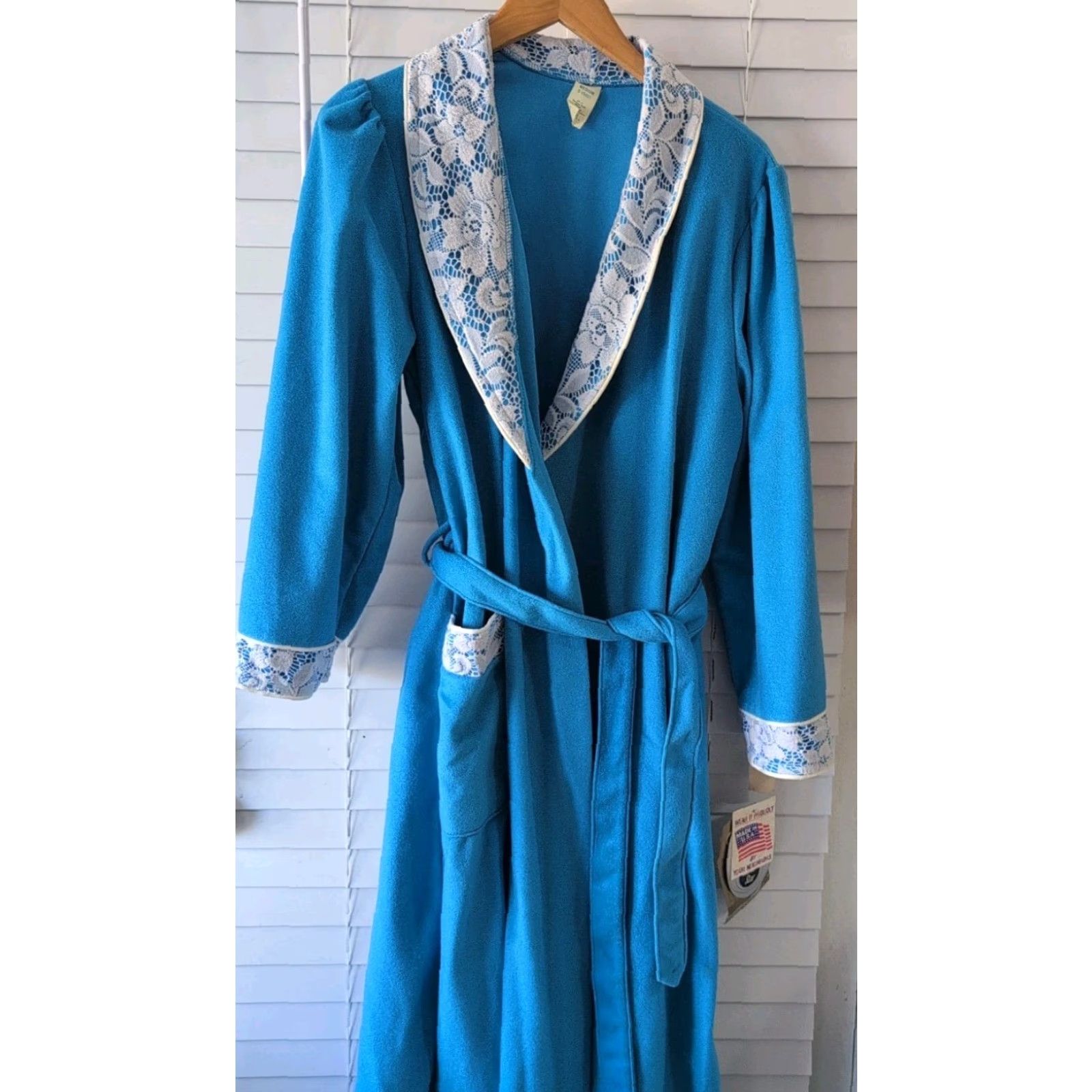 Vintage VINTAGE Guilford Mills Women's Loungewear Robe M Blue Belt Closure White Trim Long Size ONE SIZE - 3 Thumbnail