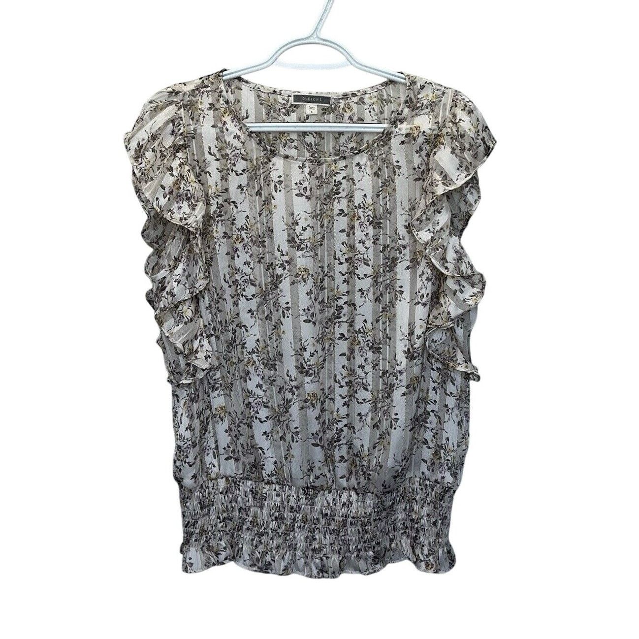 Anthropologie Pleione | Anthro White Metallic Pipe Roses Floral Ruffle Top Size L / US 10 / IT 46 - 1 Thumbnail