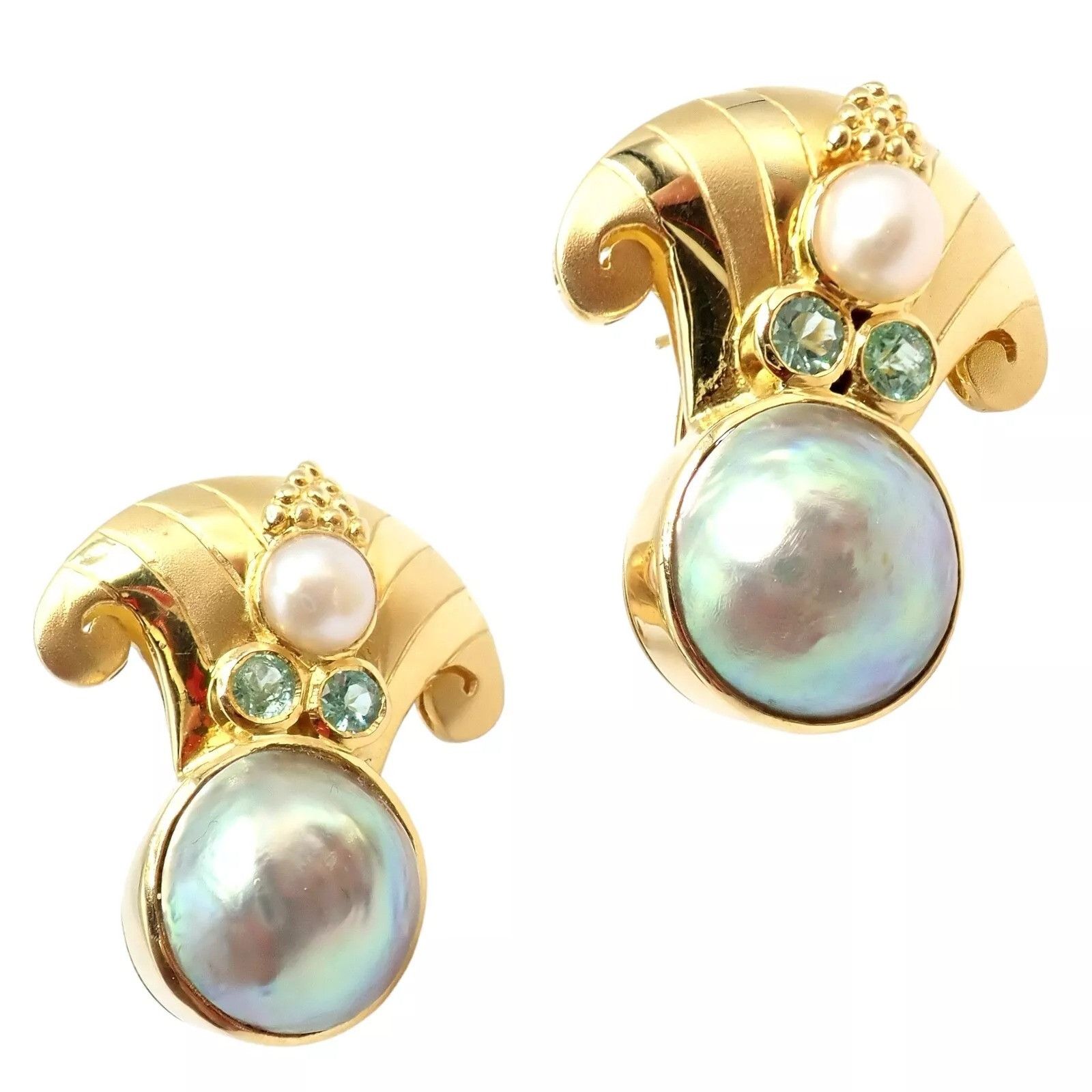 Vintage Paula Crevoshay Gold Abalone Pearl Blue Gemstone Earrings Size ONE SIZE - 14 Thumbnail