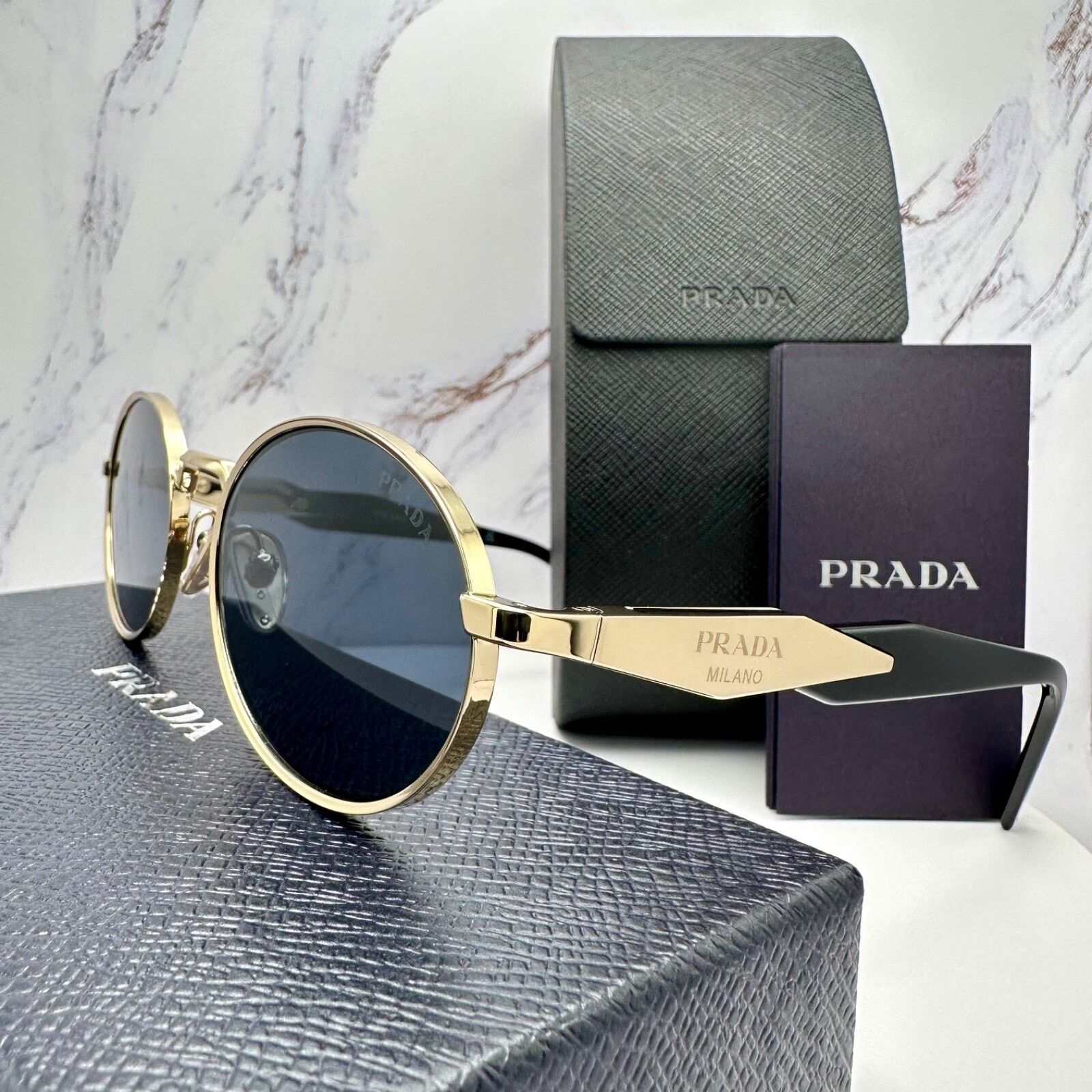 New PRADA Sunglasses Gold Metal Oval PRADA Symbole Logo