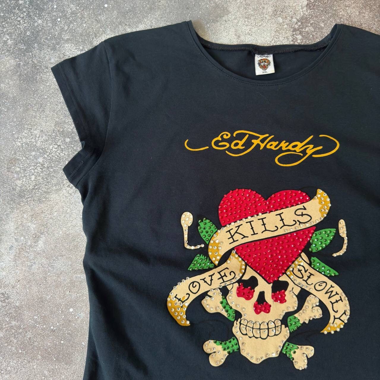 Christian Audigier × Ed Hardy Ed Hardy “Love Kills Slowly” Y2K Rhinestones T-Shirt Size L / US 10 / IT 46 - 2 Thumbnail