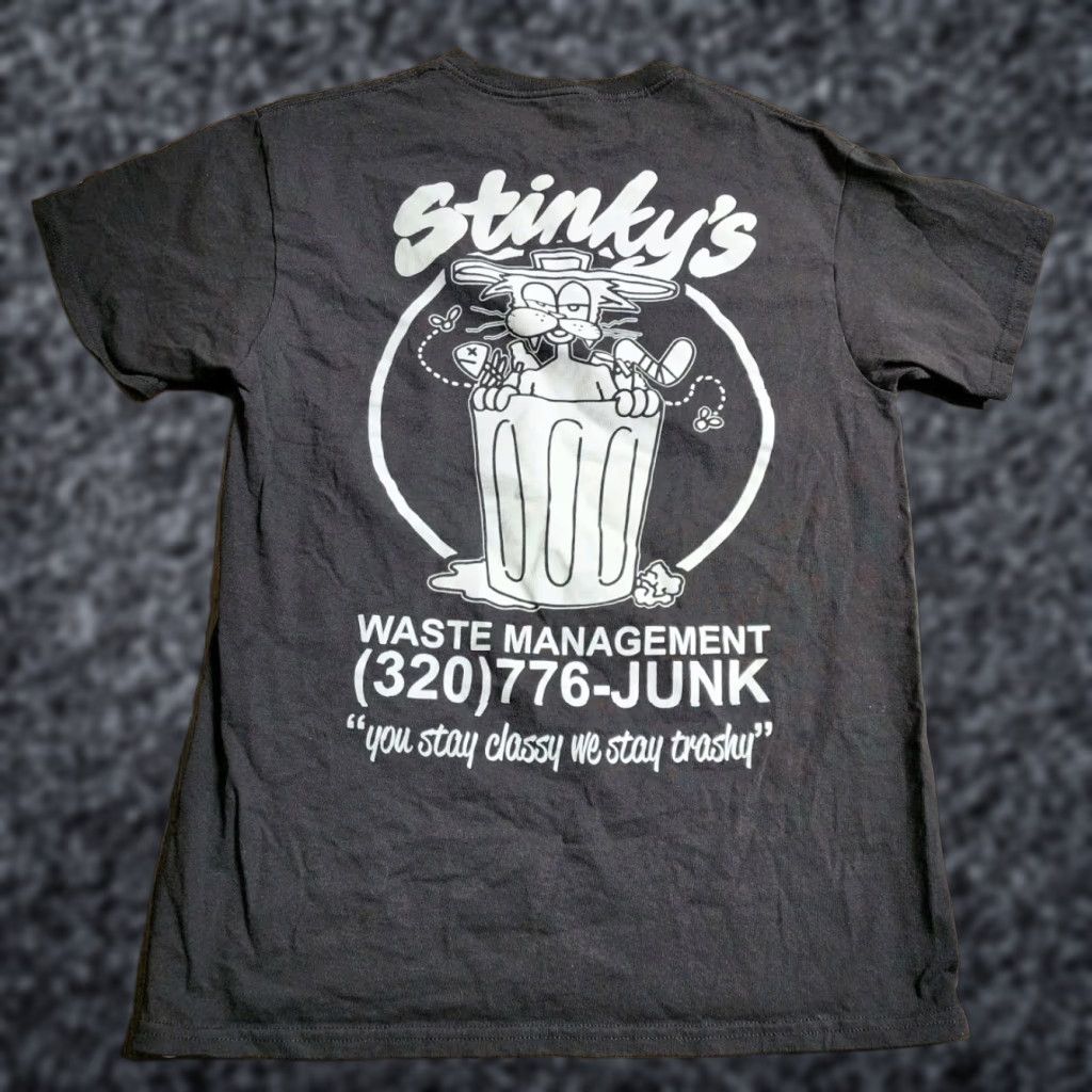 Vintage Mens M T-Shirt Stinky's Waste Management Stay Trashy Funny Graphic Front and Back Black Cotton Crew Neck Short Sleeve Size M Adults Mens Size US M / EU 48-50 / 2 - 1 Thumbnail