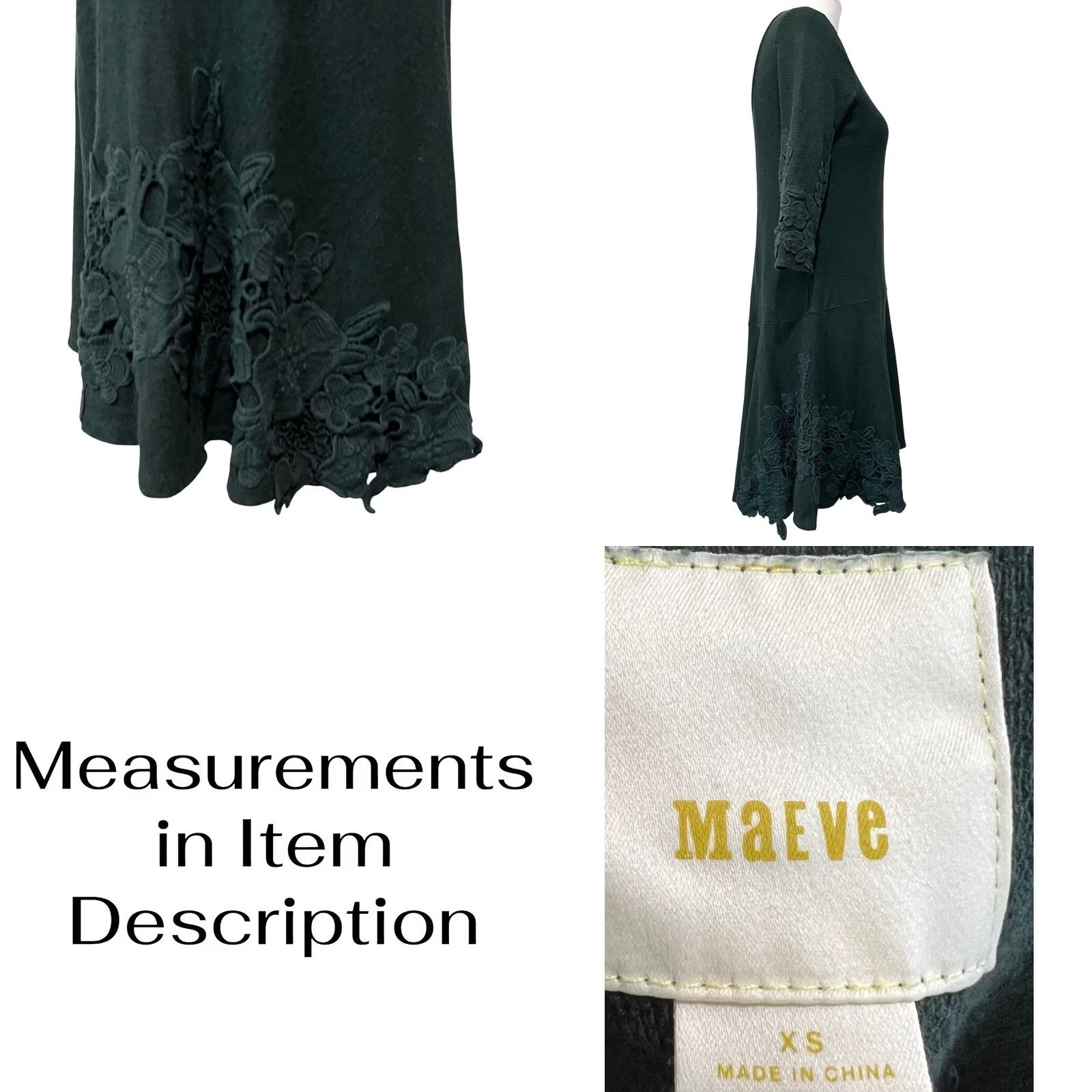 Vintage Maeve Anthropologie Sweater Dress Womens XS Green Lace Tierra Drop Waist Scoop Back KnEE Length 34" 3/4 Sleeve Vintage? Size XS / US 0-2 / IT 36-38 - 8 Thumbnail