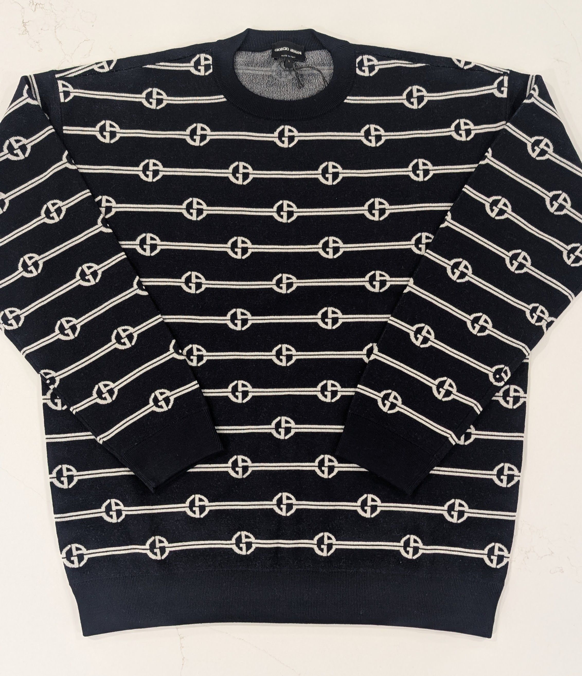 Giorgio Armani GIORGIO ARMANI Virgin Wool Monogram Knit Sweater Size US L / EU 52-54 / 3 - 1 Thumbnail