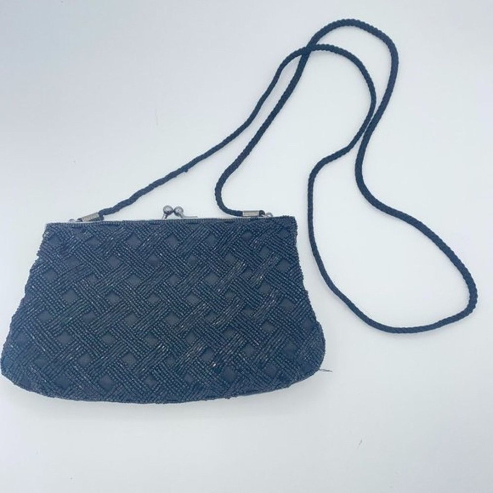 Vintage Handmade Silk Black Beaded Embellished Shoulder Bag Purse Size ONE SIZE - 1 Thumbnail