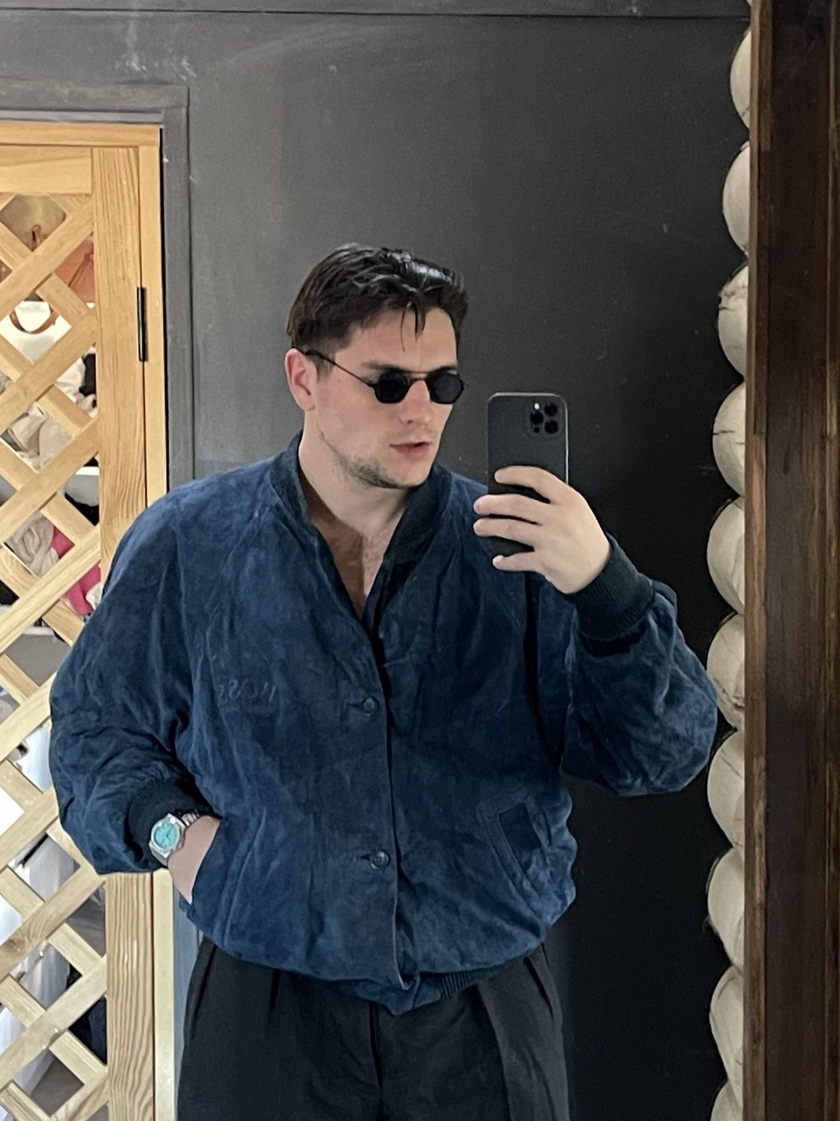 Hugo Boss × Vintage 90’s Boss Luxury navy suede bomber jacket vintage leather Size US L / EU 52-54 / 3 - 2 Thumbnail