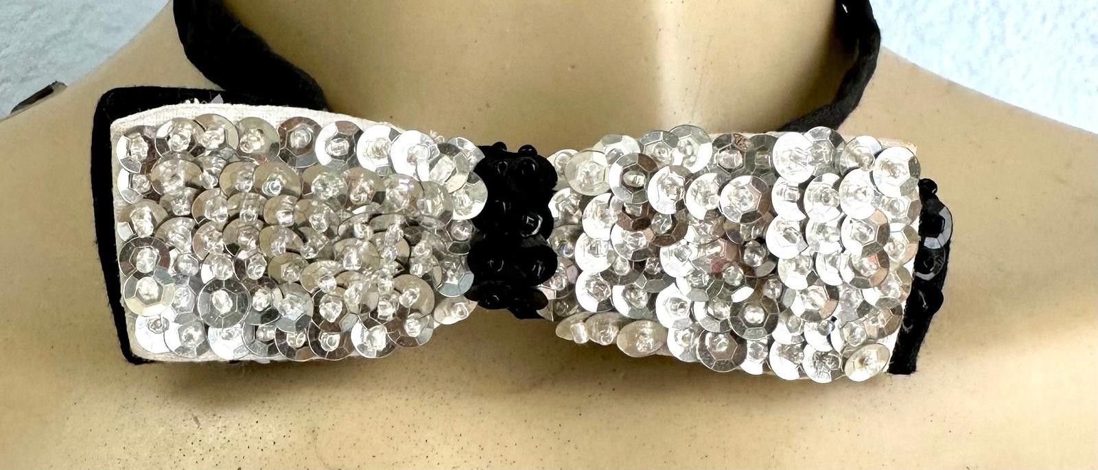 Designer Sequin Bow Tie SILVER with BLACK TRIM Adult Unisex Size ONE SIZE - 1 Preview
