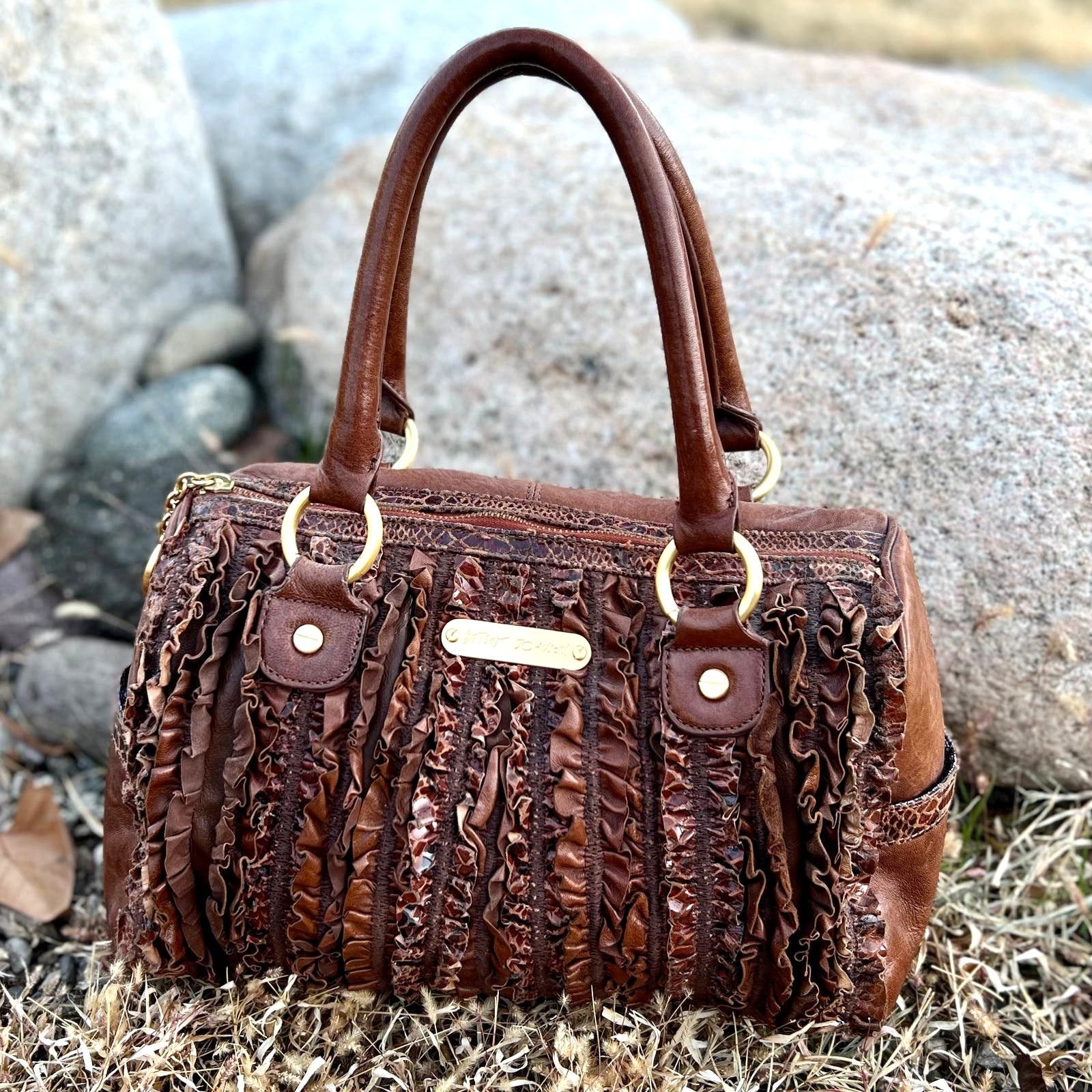 Betsey Johnson Vintage Leather Ruffle Top Handle Bag