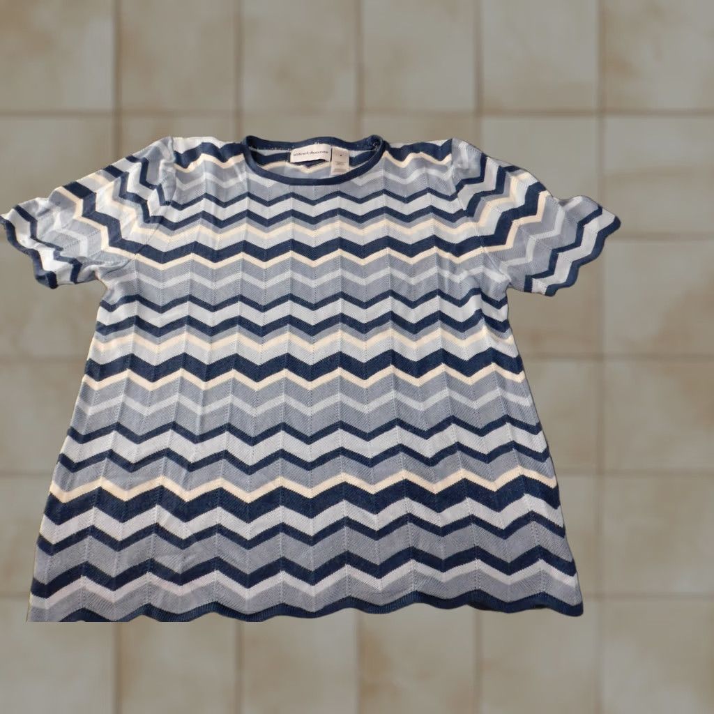 Vintage Alfred Dunner Blouse Shirt Medium Blue Striped Round Neck Short Sleeve Acrylic Womens Regular Stretch Casual Size M / US 6-8 / IT 42-44 - 1 Thumbnail