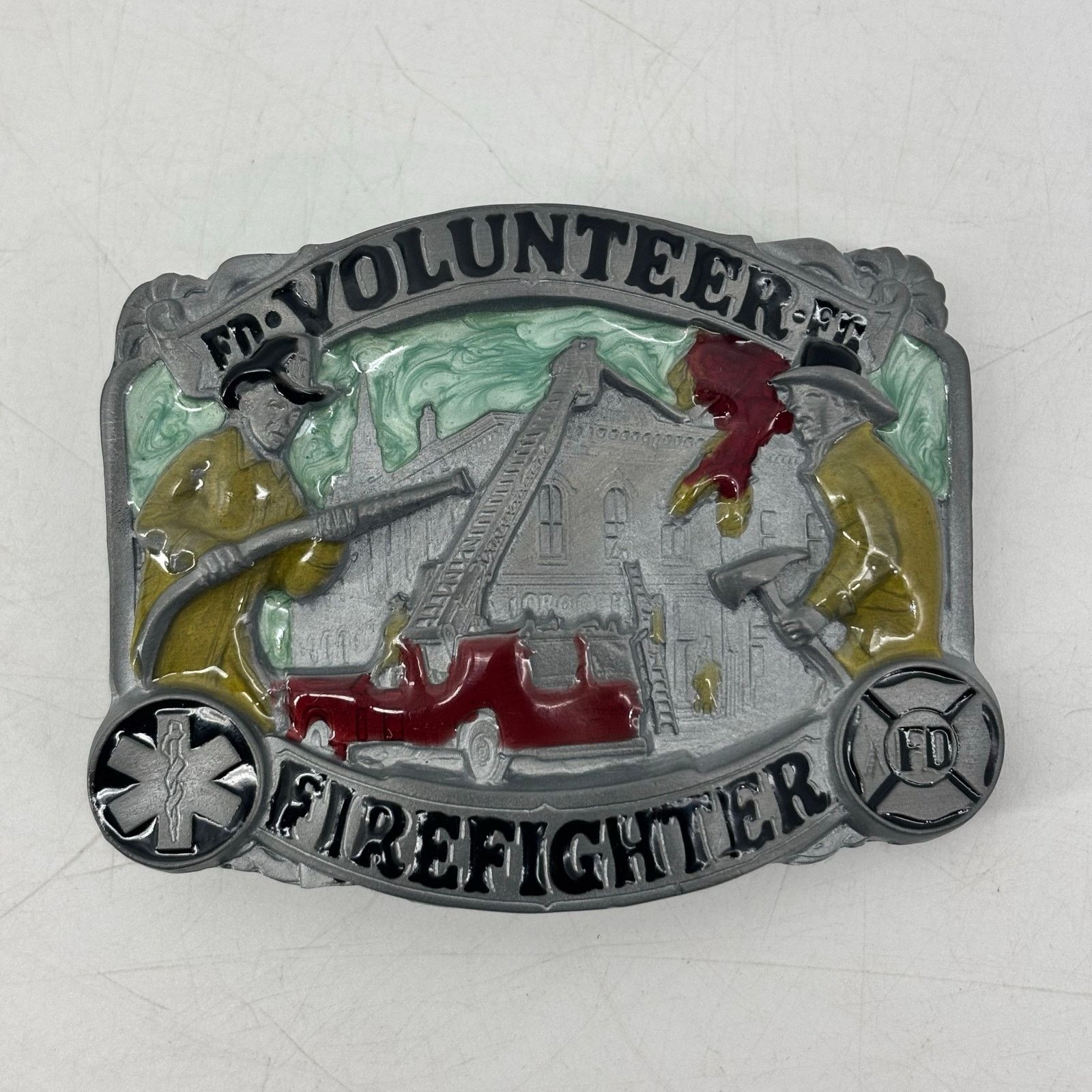 Vintage Volunteer Firefighter Belt Buckle Enamel Great American Size ONE SIZE - 1 Thumbnail