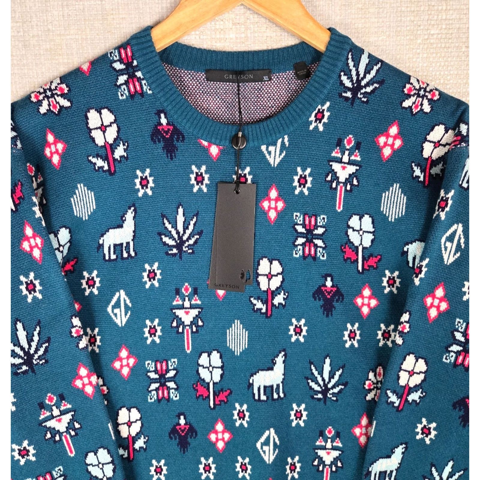 Vintage Greyson Mens Crew Neck Wool/Cashmere Blend Sweater XL Sea Green Casual All Seasons Geometric Aztec Western Theme Pullover Long Sleeve Regular Fit Size US XL / EU 56 / 4 - 2 Thumbnail