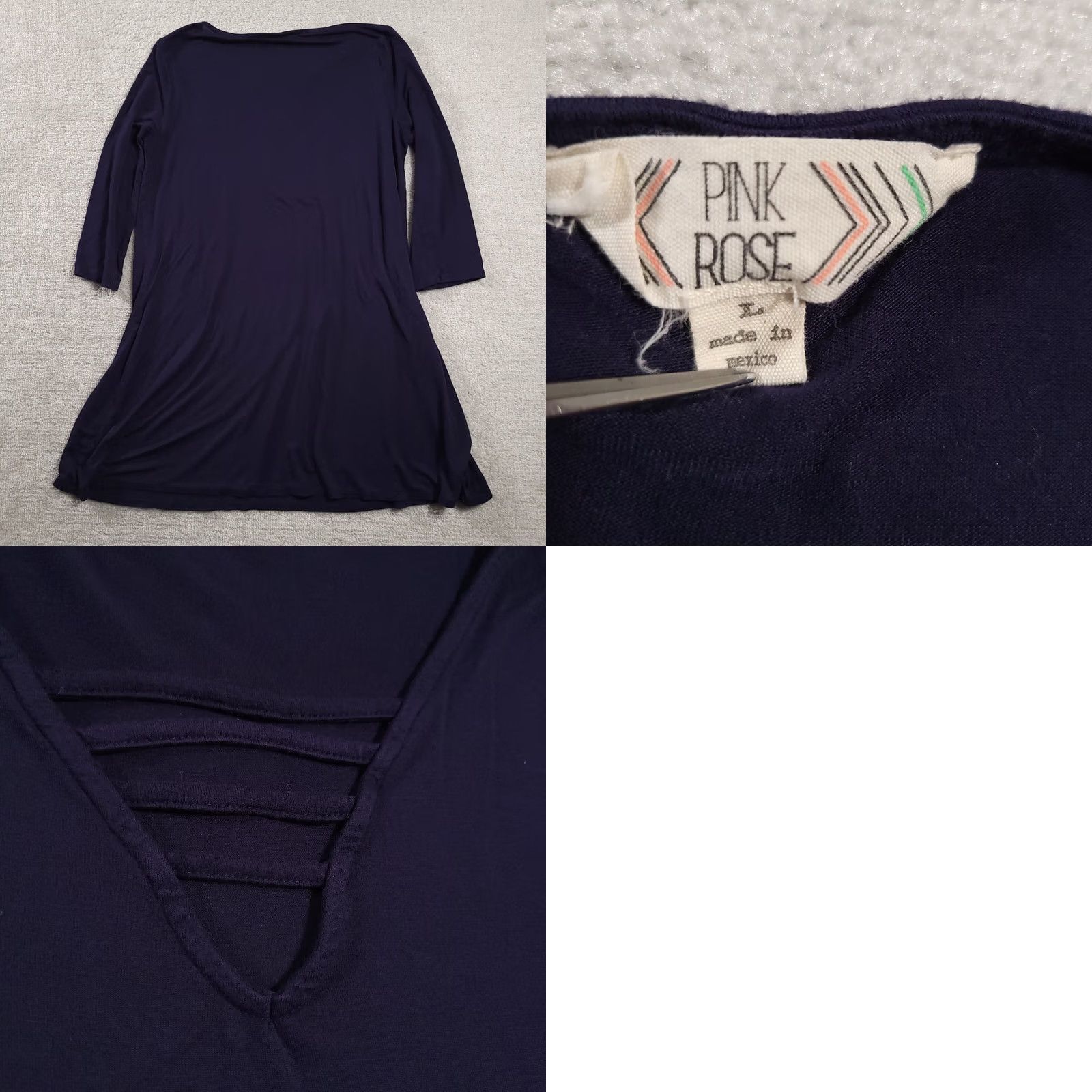 Vintage Pink Rose Dress Womens Large Blue Long Sleeve Knee Length Stretch V Neck Dress Size L / US 10 / IT 46 - 8 Thumbnail