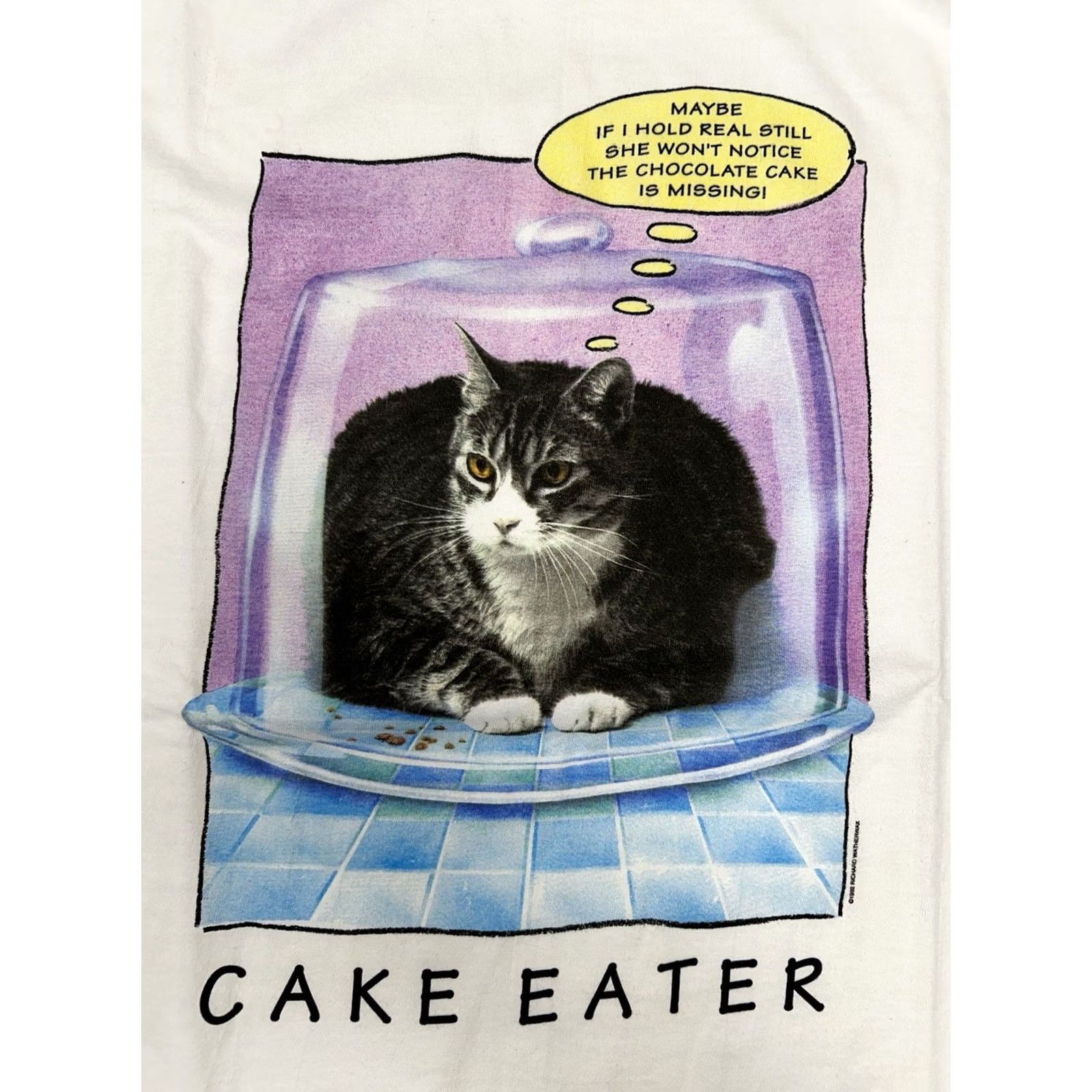 Hanes VINTAGE Richard Watherwax Cat Graphic Cake Eater Funny Cat Tee XL Humor Artist White Hanes Mens 90s Size US XL / EU 56 / 4 - 2 Thumbnail
