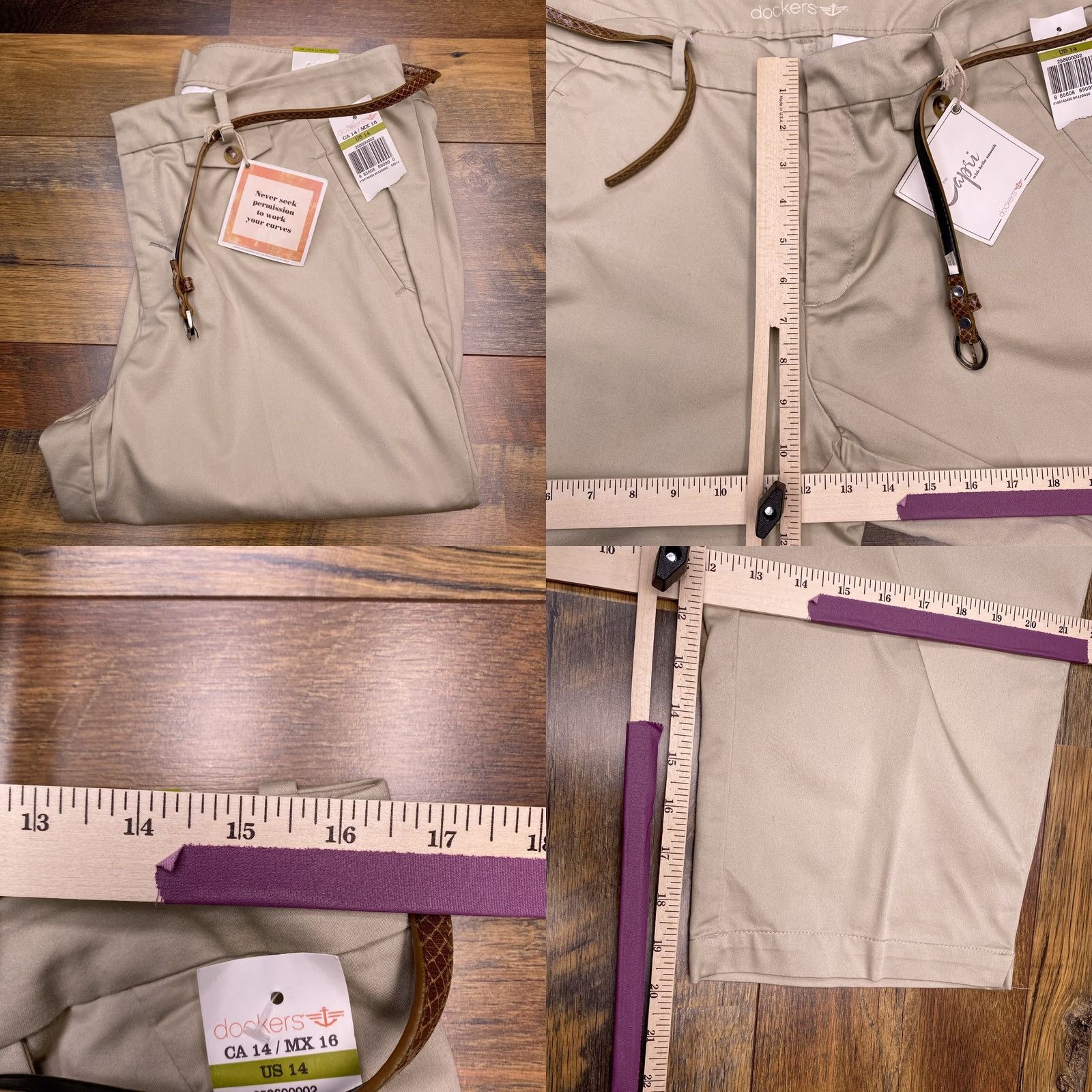 Dockers DOCKERS Capri Pants Womens 14 Khaki Brown With Hello Smooth Belted Stretch New Size 36" / US 14 / IT 50 - 8 Thumbnail