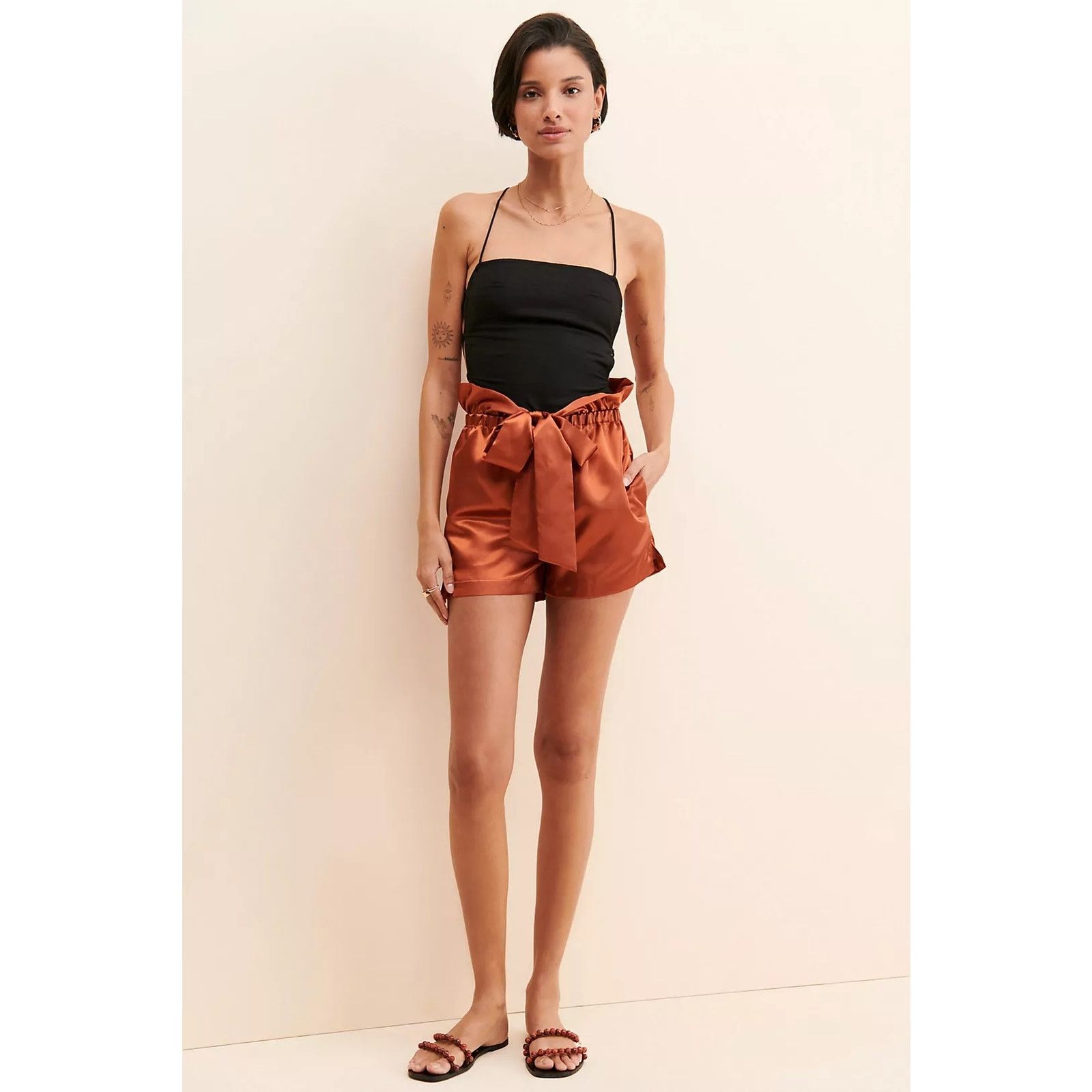 Anthropologie New Allina Liu Webb Satin Shorts $120 LARGE Copper Size 32" / US 10 / IT 46 - 1 Thumbnail