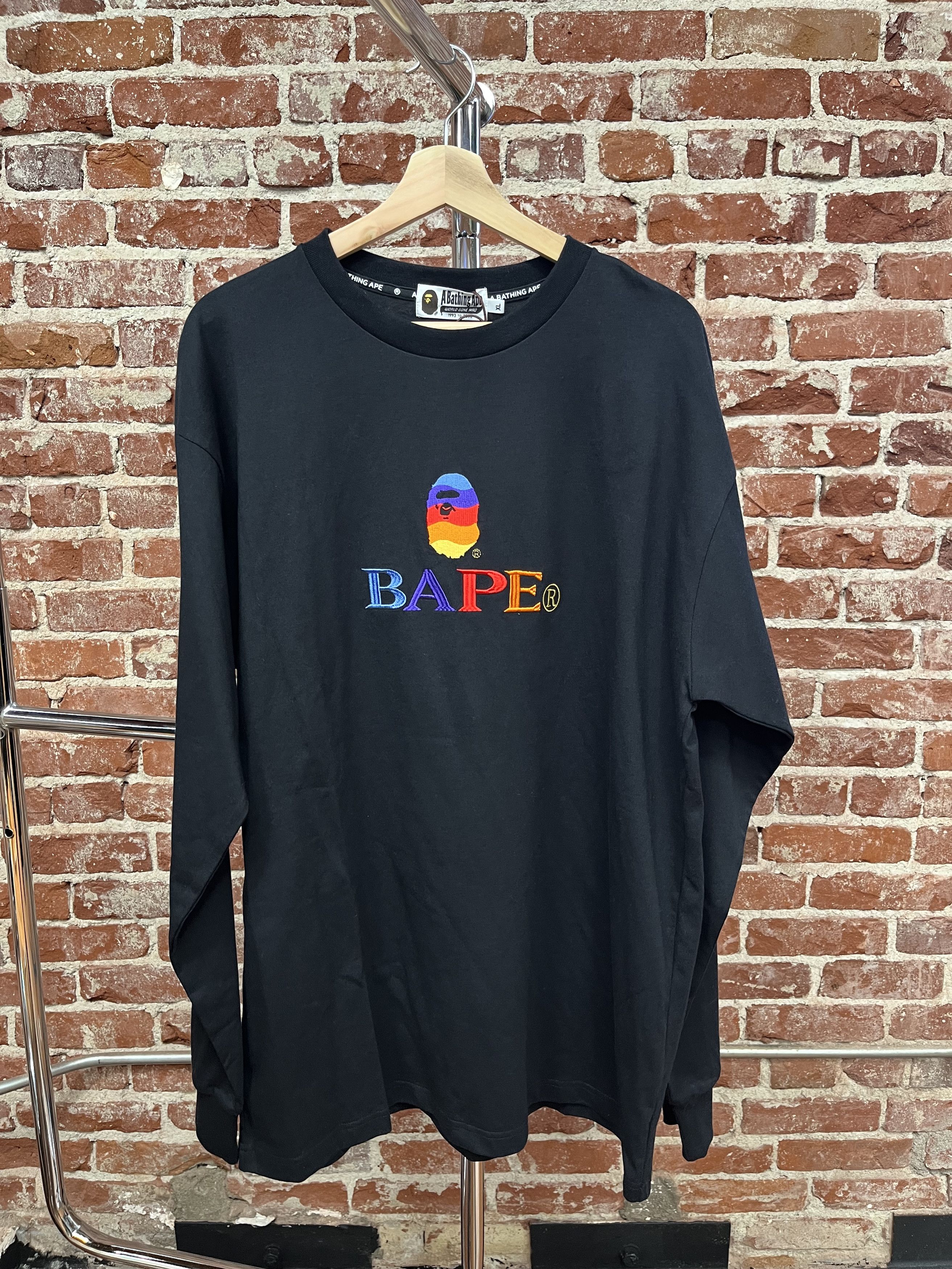 image of Bape Embroidered Logo Relaxed Long Sleeve Tee in Black, Men's (Size XL)