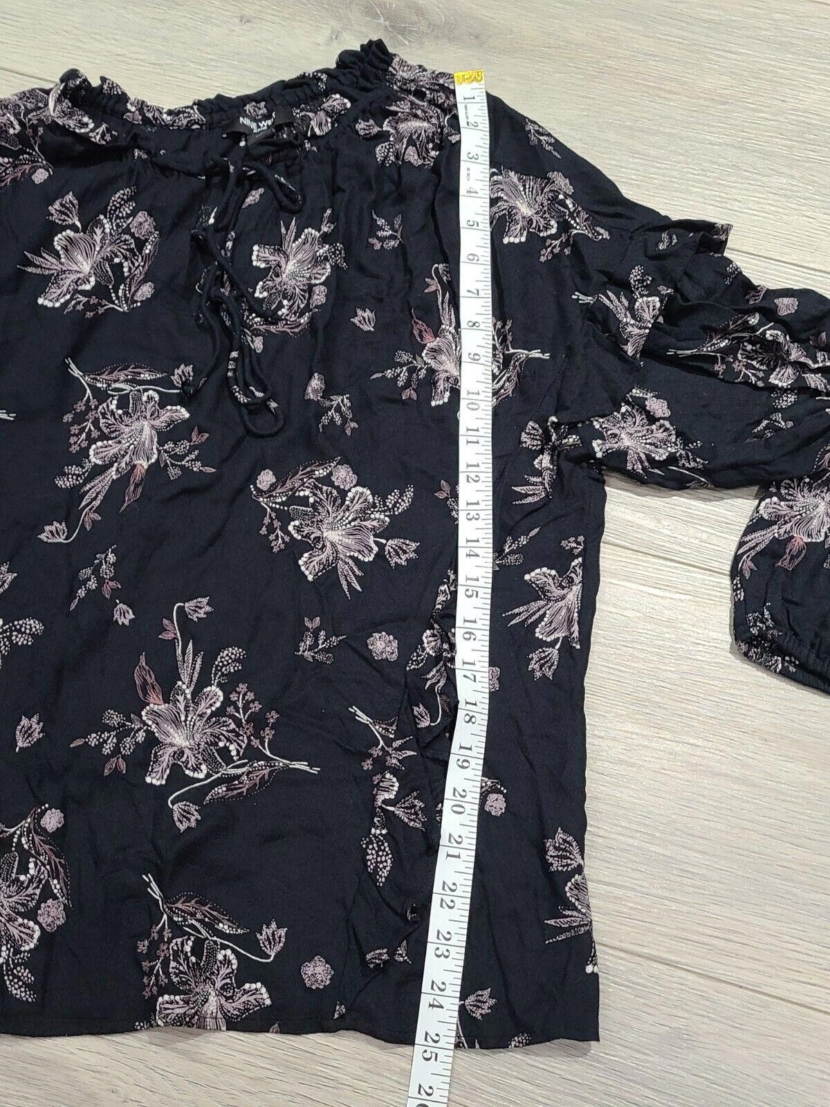 Designer Nine West Top large Boho Black Floral Blouse long sleeve Size L / US 10 / IT 46 - 5 Thumbnail