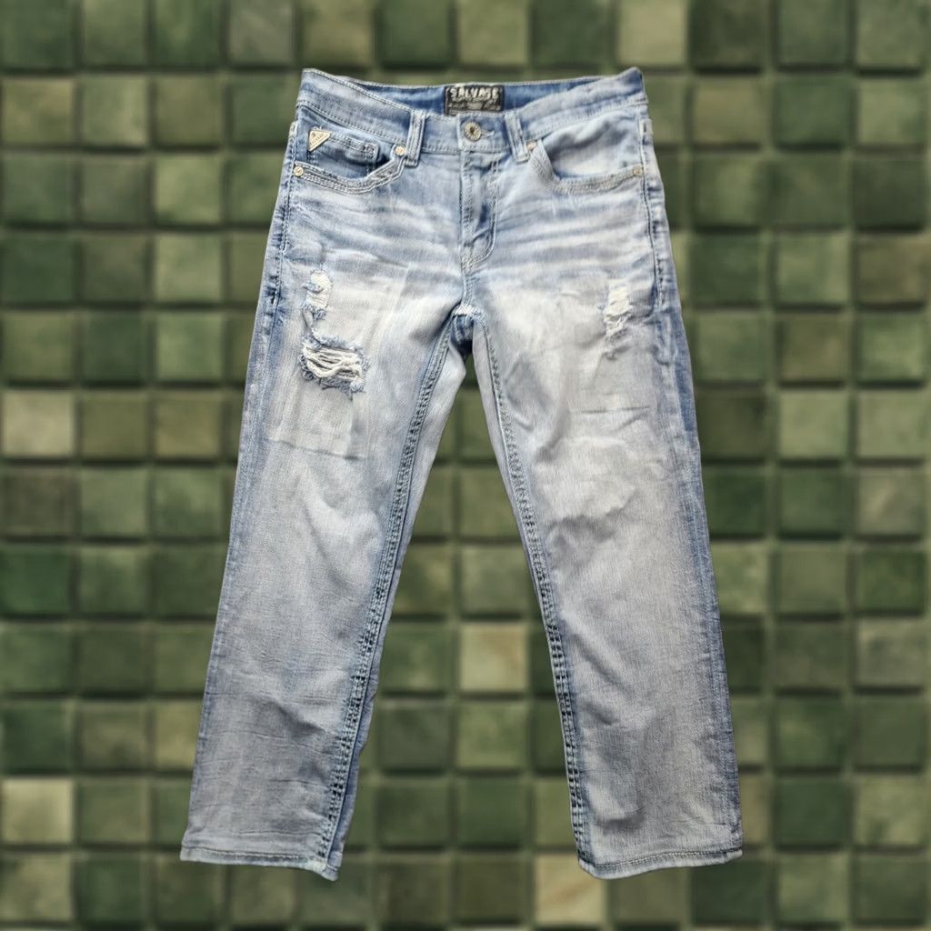 Vintage Salvage Jeans Mens 30x26 Straight Regular Distressed Stretch Denim Blue Cotton Polyester Spandex Buckle Bke Mayhem 30 Inseam 26 in Regular Rise Mid Size US 30 / EU 46 - 1 Thumbnail
