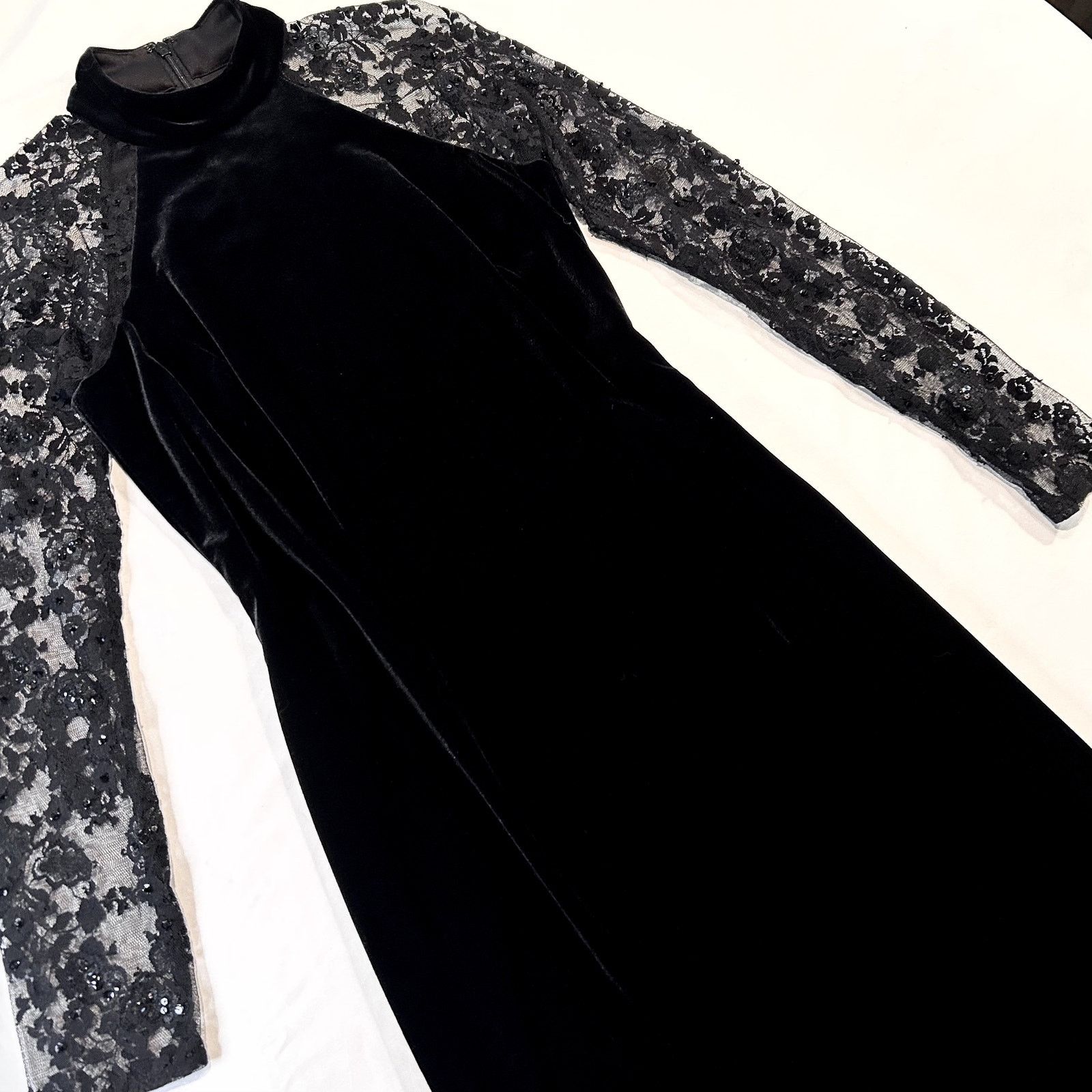 Other Vintage Jessica Howard Black Velvet Dress Lace Sleeves 6 Size M / US 6-8 / IT 42-44 - 3 Thumbnail