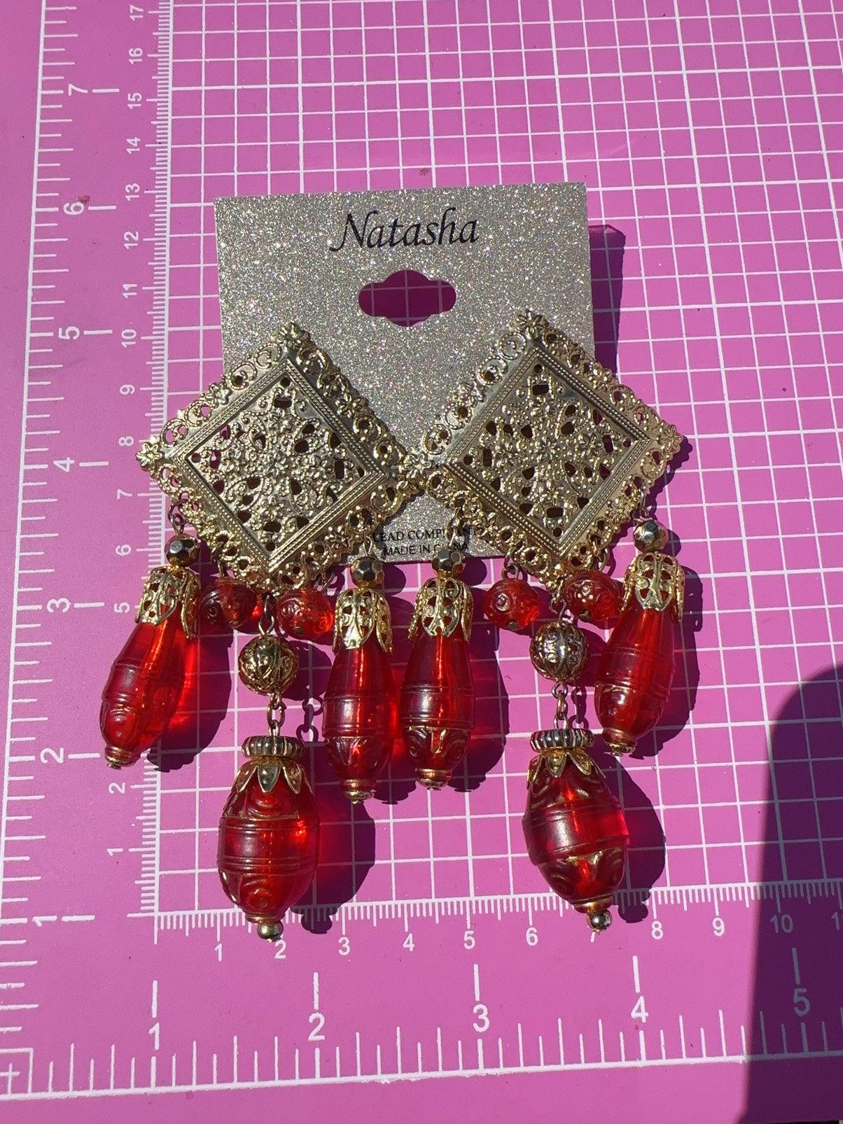 Designer Natasha red resin long beads drops earrings gold Indian Size ONE SIZE - 5 Thumbnail