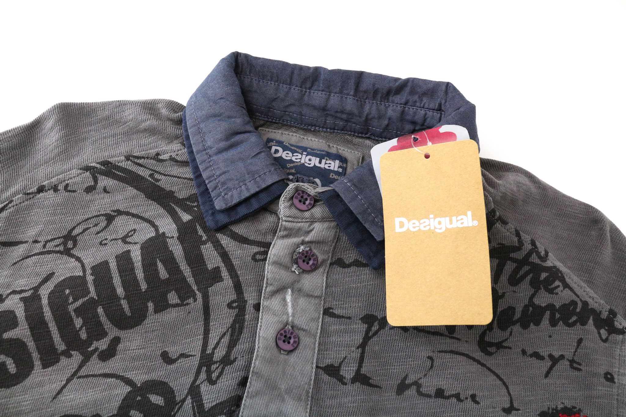 Desigual JAVI S Grey Cotton Patterned Polo Shirt 74472 Size US S / EU 44-46 / 1 - 3 Thumbnail