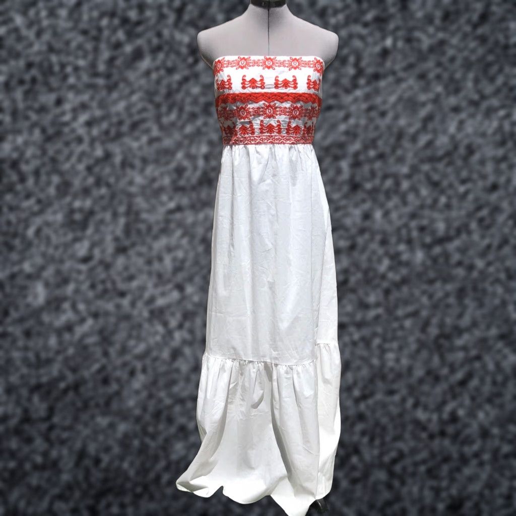 Vintage LULUMARI Embroidered Strapless Maxi Boho Long Dress White Red S Size S / US 4 / IT 40 - 1 Thumbnail