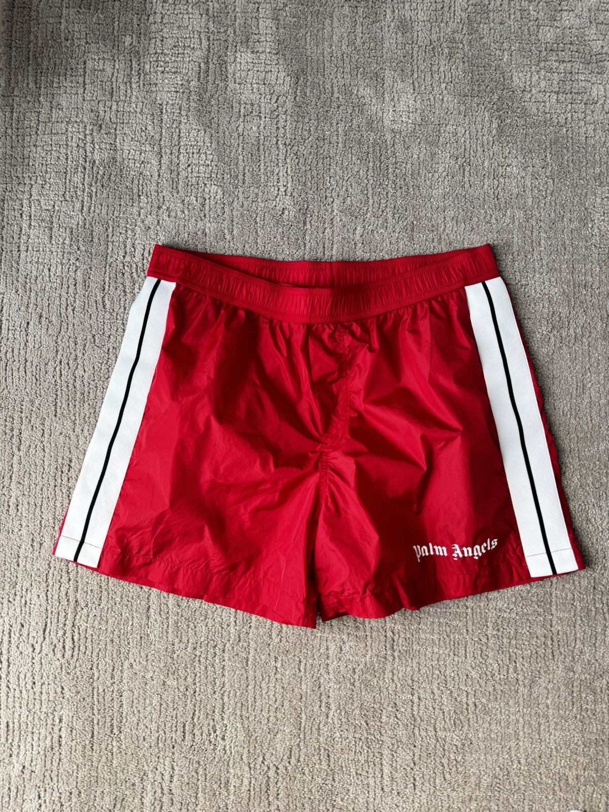 image of Palm Angels Nylon Bathing Suit With Track Stripes - Size L in Red, Men's
