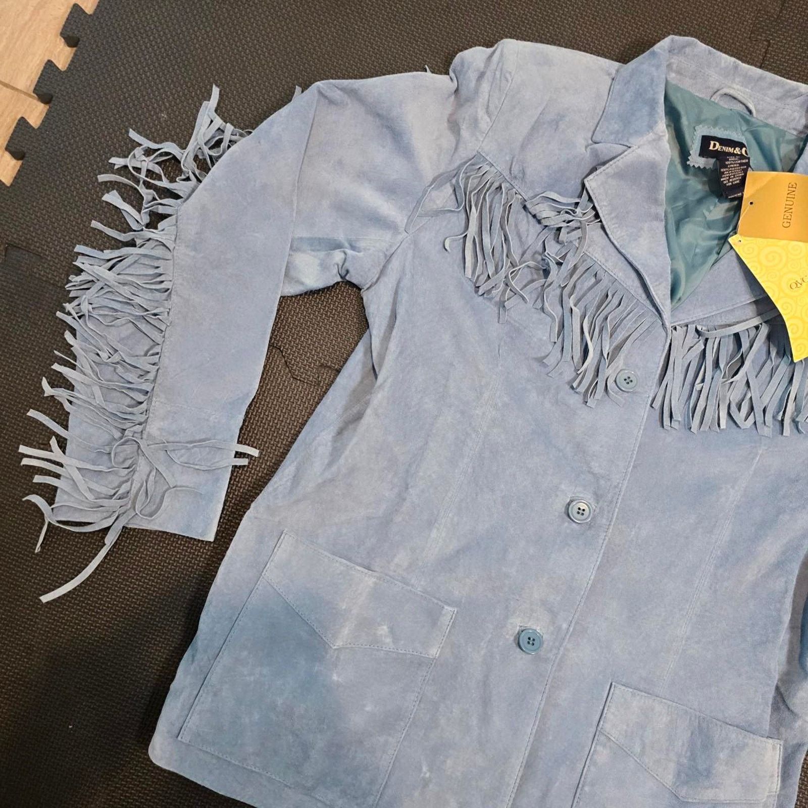 Denim & Co. Vintage 2002 NWT 100% Leather baby blue flange jacket Size L / US 10 / IT 46 - 2 Thumbnail