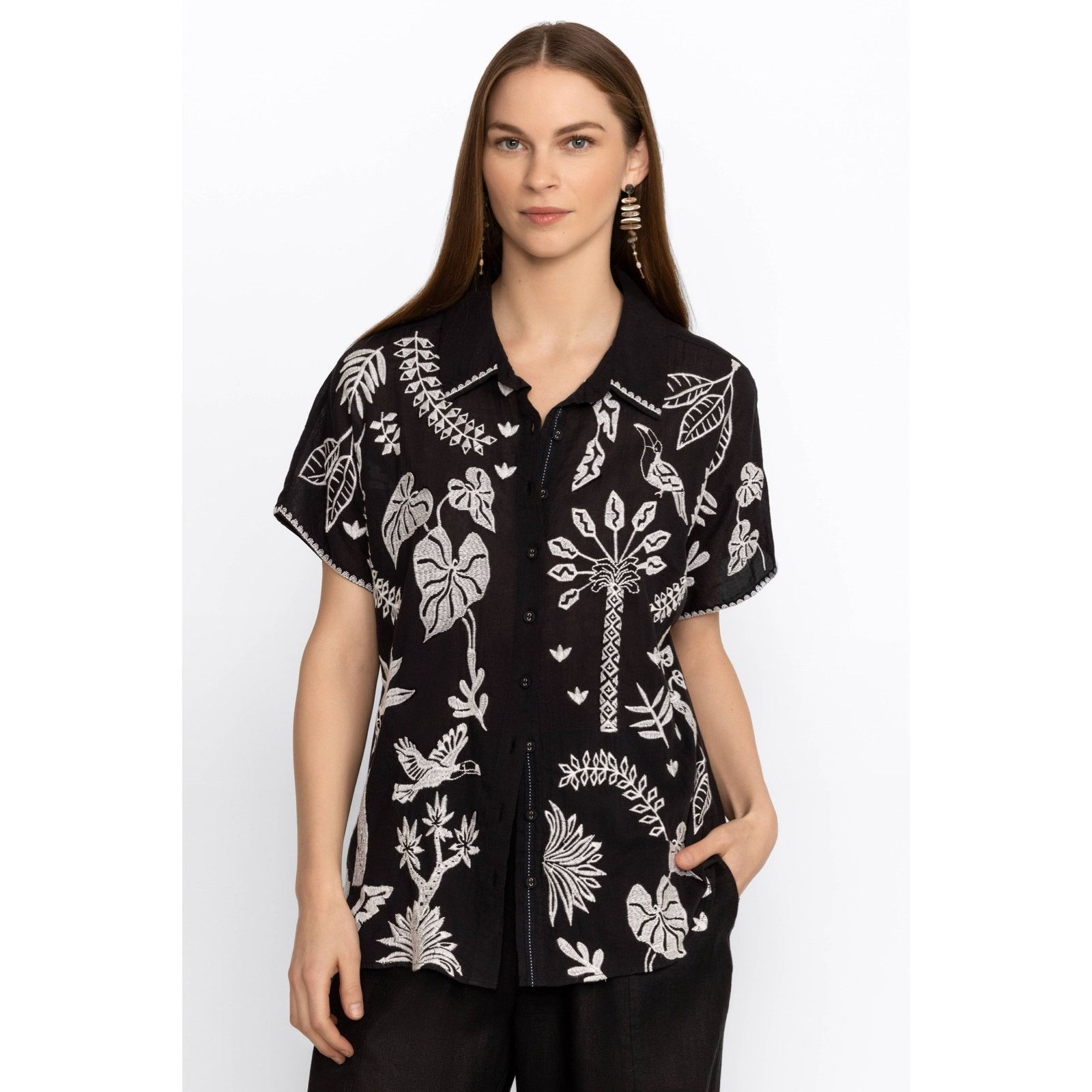 Johnny Was Johnny Was Luciana Dolman Shirt Black White Tropical Embroid Size M / US 6-8 / IT 42-44 - 1 Thumbnail