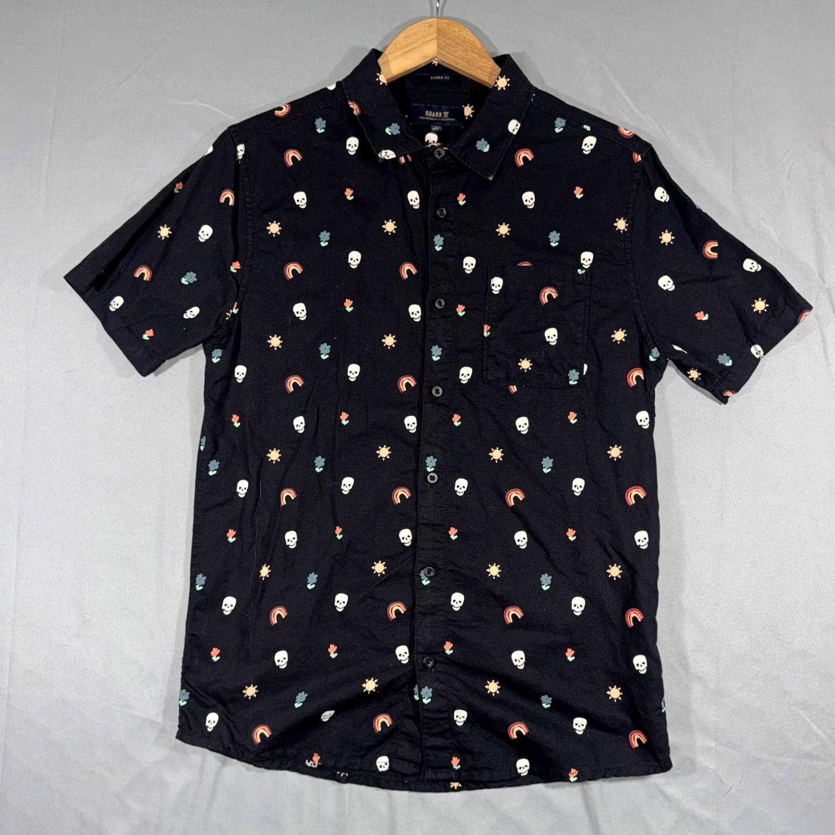 Roark Roark Shirt Mens Small Black Skull Rainbow Floral Print Button Front Casual Size US S / EU 44-46 / 1 - 2 Thumbnail