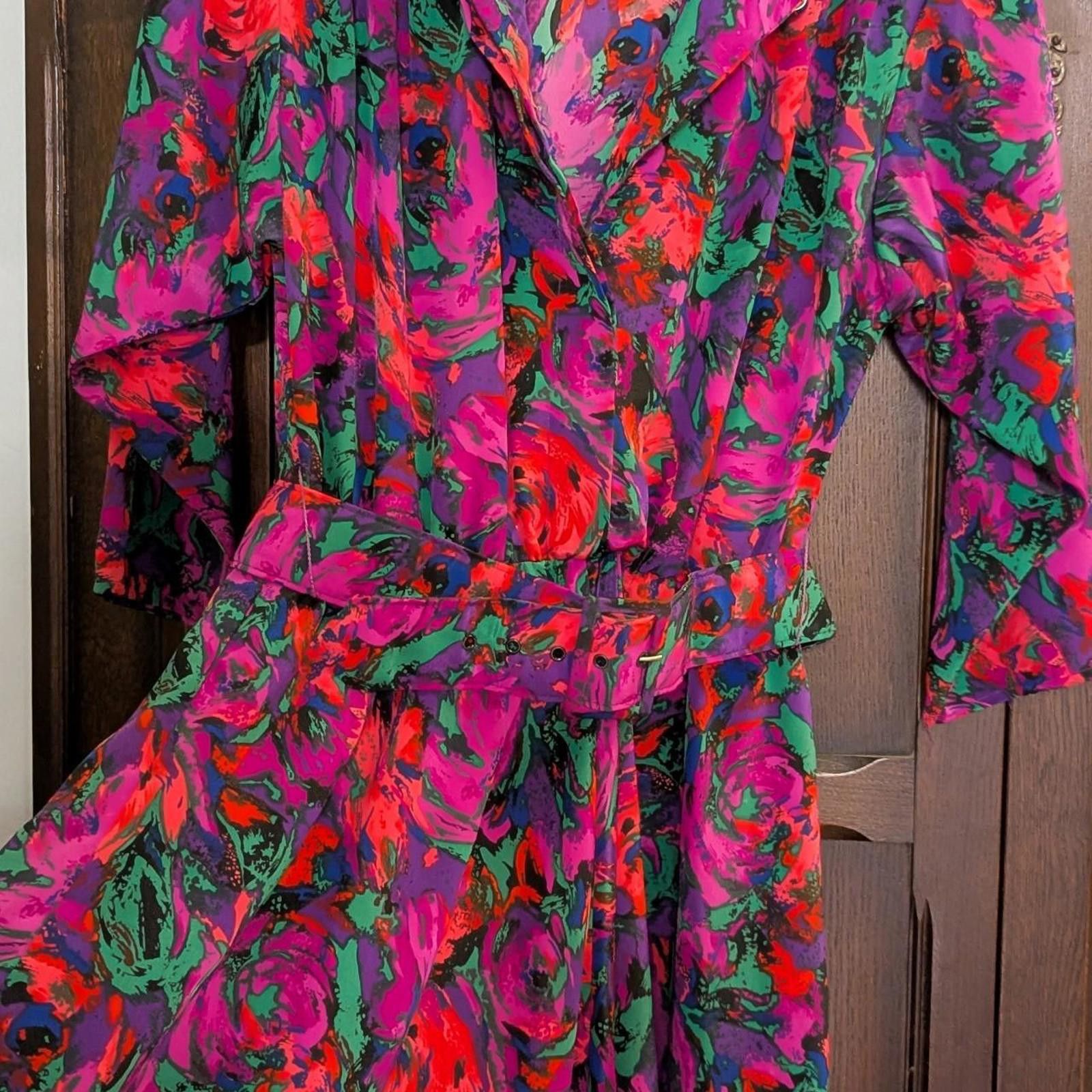 Other Vintage 1980s Stuart Alan Bold Floral Midi Dress Size XL / US 12-14 / IT 48-50 - 3 Thumbnail