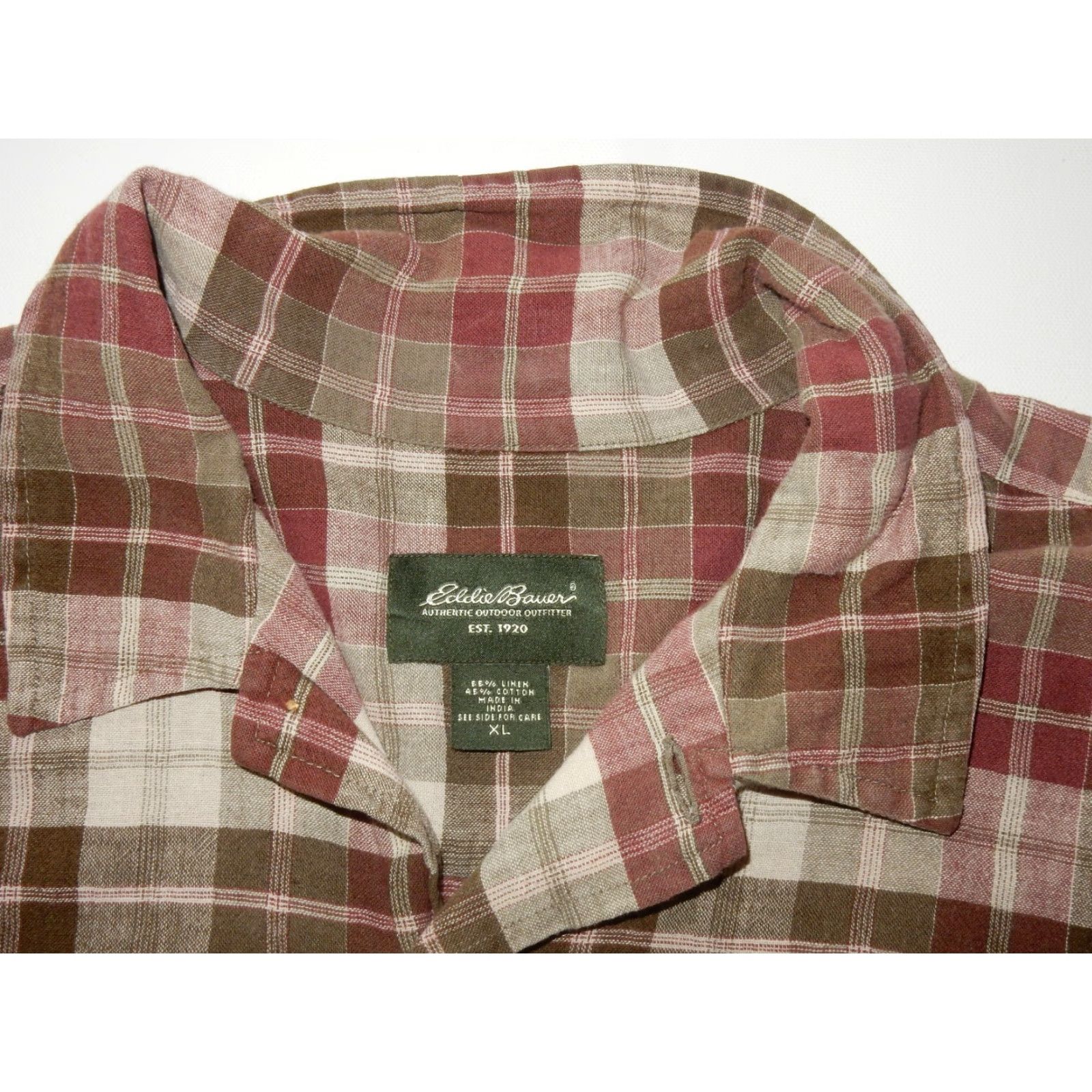 Eddie Bauer EDDIE BAUER Men's Plaid Linen Blend Short Sleeve Button-Up Shirt Size XL Brown Camp Size US XL / EU 56 / 4 - 4 Thumbnail