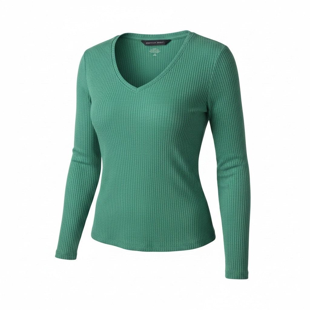 American Eagle Outfitters American Eagle Ribbed V-Neck Long Sleeve Top Women’s Small Size S / US 4 / IT 40 - 1 Thumbnail