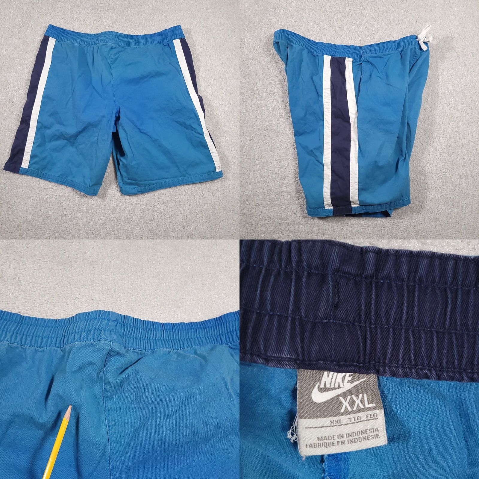Nike VINTAGE Nike Shorts Mens XXL Blue Twill Elastic Waist Drawstring Heavy Logo Stripe Bermuda 90s Mens Size US 39 - 9 Thumbnail