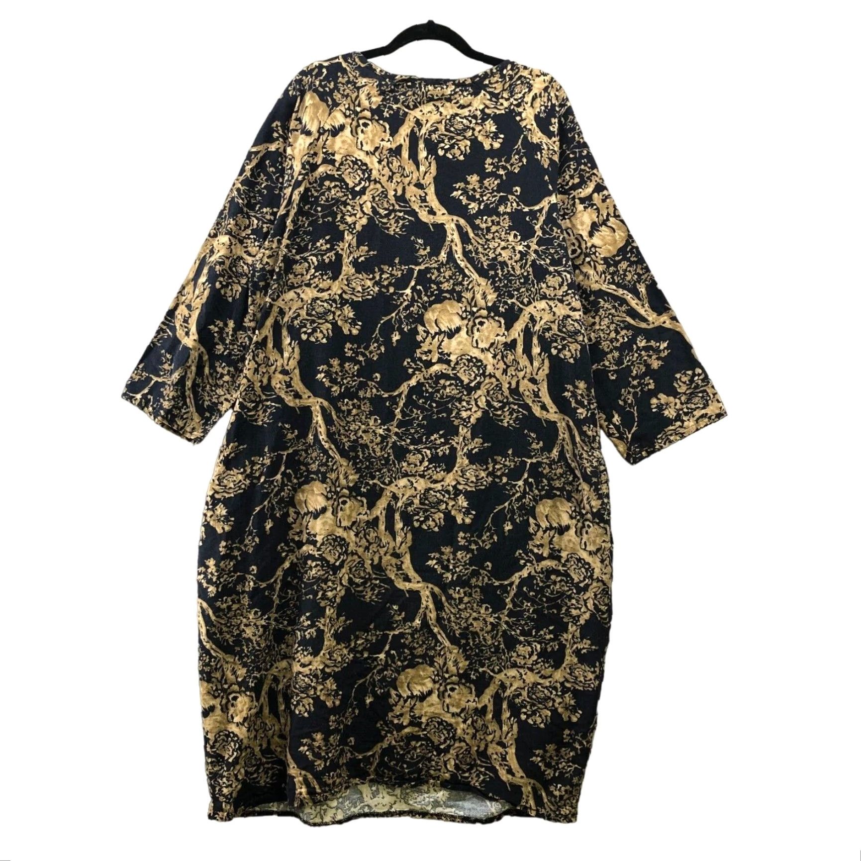 Vintage ZANZEA Dress Womens Black Brown Tree Print Shift Midi Bohemian Lightweight 3/4 Sleeve Crewneck L Large Regular Cotton Muslin Size L / US 10 / IT 46 - 2 Thumbnail