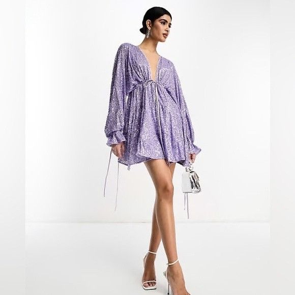 Asos ASOS DESIGN Embellished Tiered Mini Dress with Tie Detail in Size M / US 6-8 / IT 42-44 - 1 Thumbnail