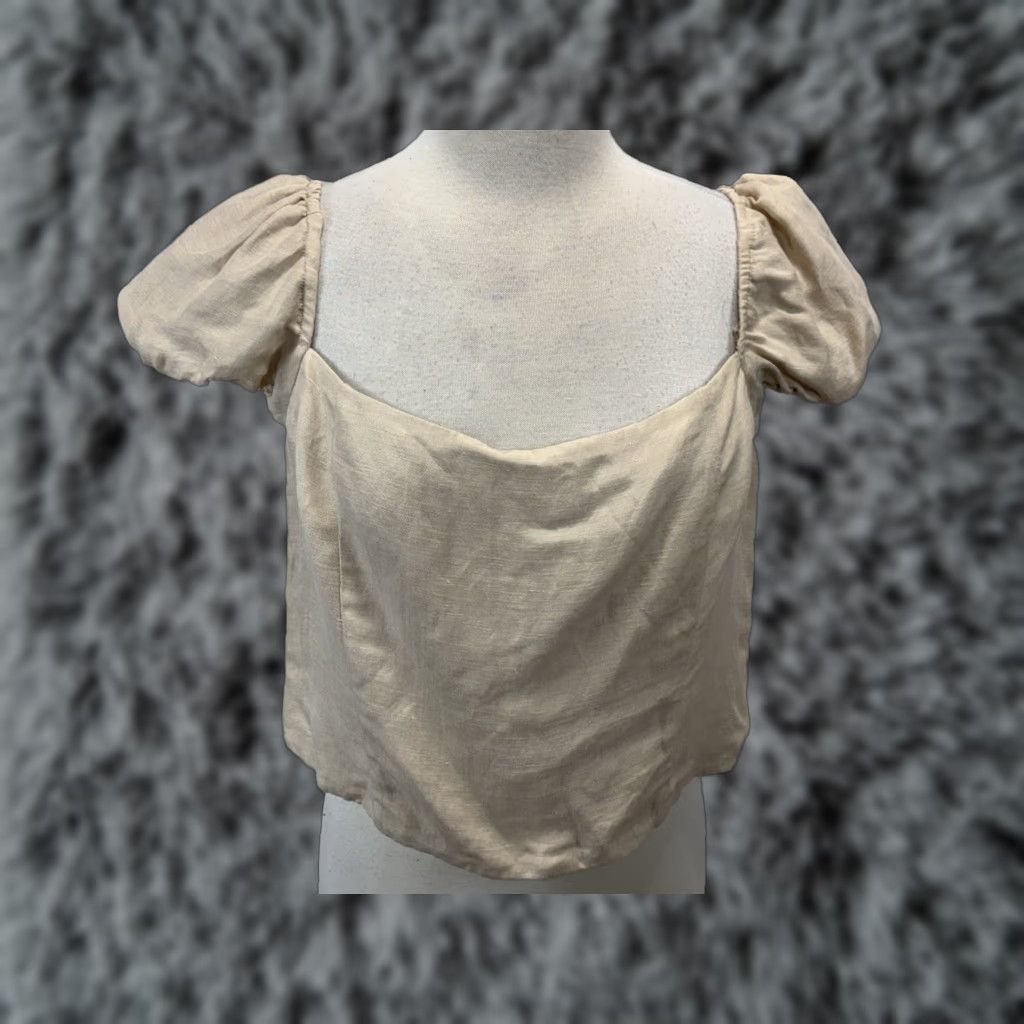 J.Crew VINTAGE J. Crew Linen Blend Crop Top Women’s Square Neck Short Sleeve Puff Sleeve Size XL Beige Casual Size XL / US 12-14 / IT 48-50 - 1 Thumbnail