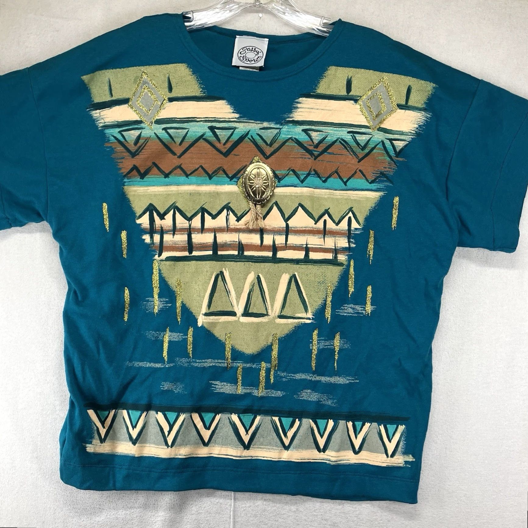 Altea VINTAGE Sassy Sport Western T Shirt M Women Teal Gold Paint Tribal Geometric Glitter Buckle 80s 90s City Hipster Modern Cowgirl Casual Size M / US 6-8 / IT 42-44 - 6 Thumbnail