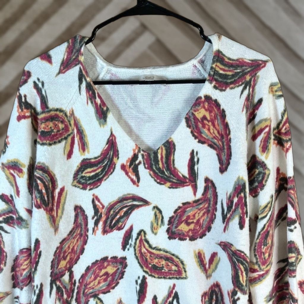 Loft LOFT Womens Sweater White Multi Paisley Raglan V Neck Long Sleeve Pullover Large Size L / US 10 / IT 46 - 1 Thumbnail
